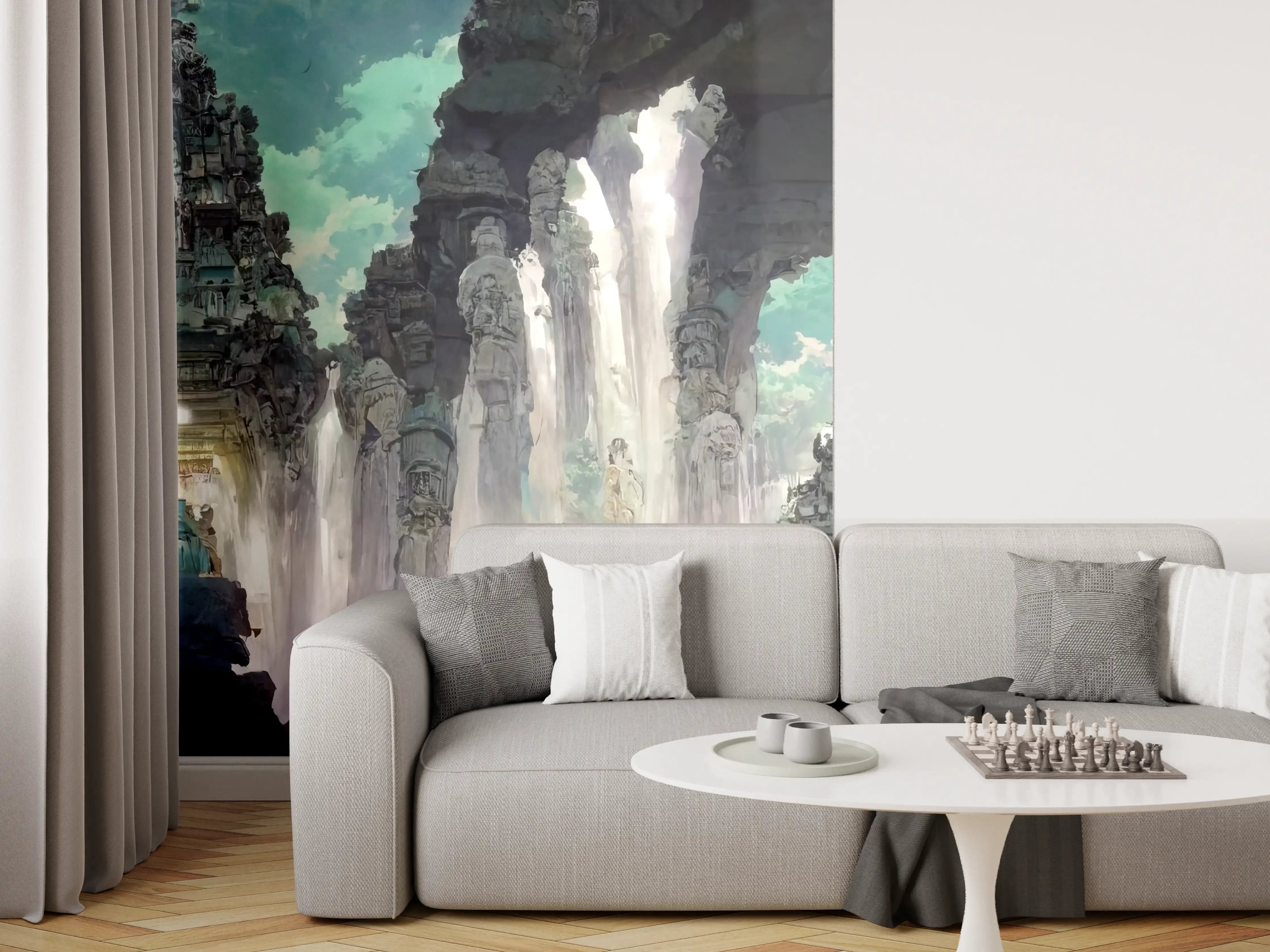 Wandverkleidung Wohnzimmer - Wasserfall in einer Höhle - Zeichnung