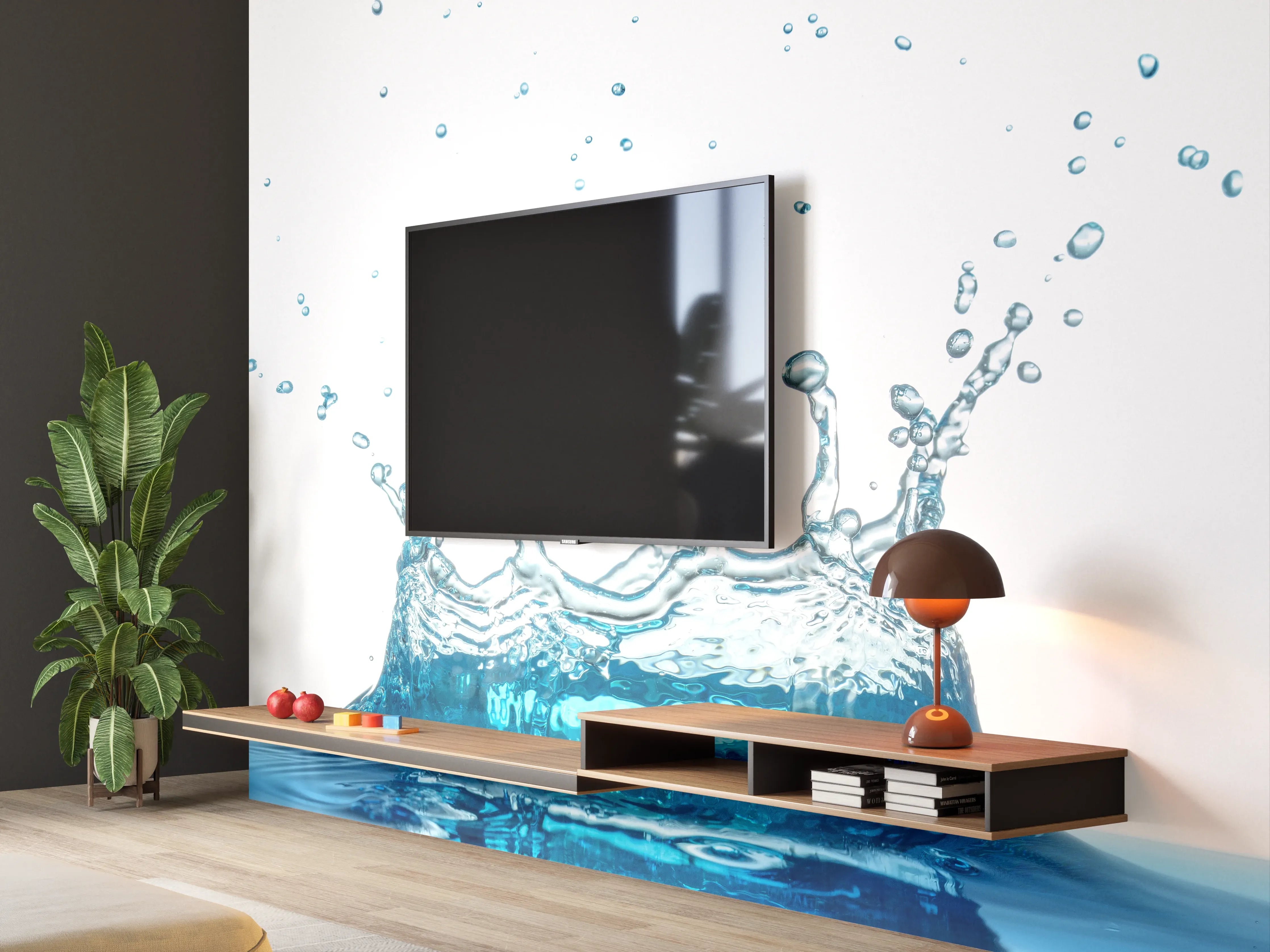 Wandverkleidung Wohnzimmer - Wassersplash in Blau und Weiß