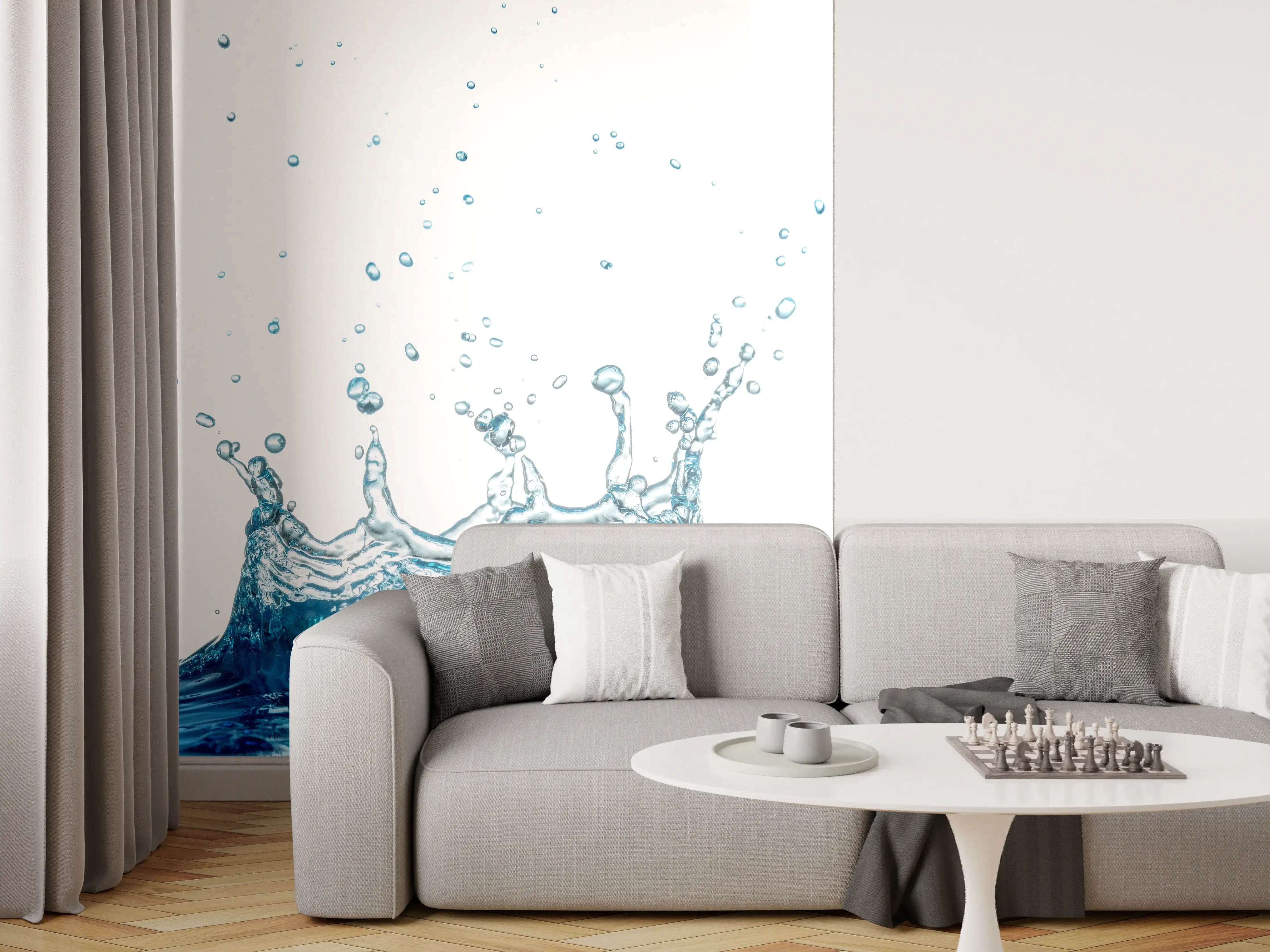 Wandverkleidung Wohnzimmer - Wassersplash in Blau und Weiß