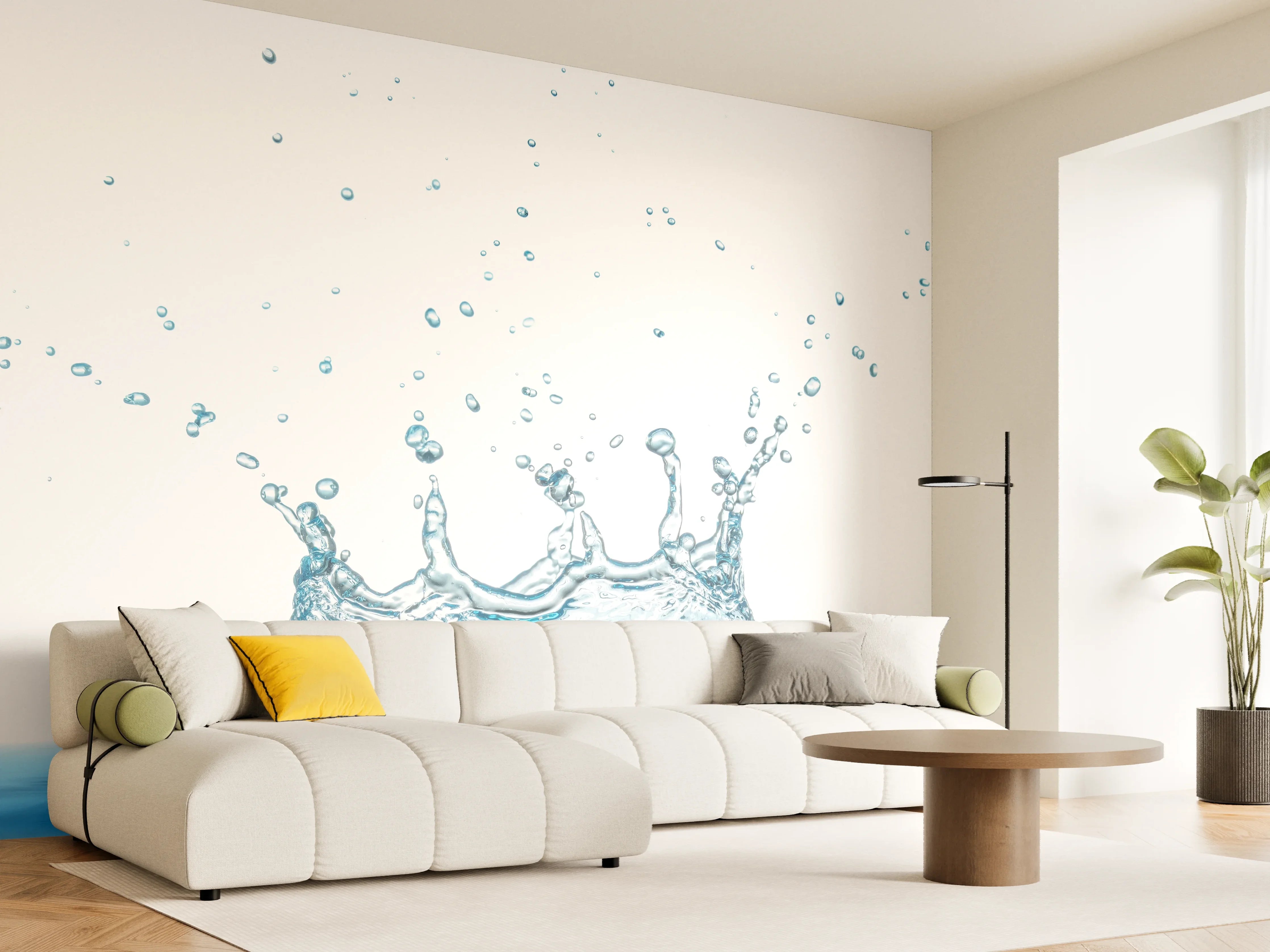 Wandverkleidung Wohnzimmer - Wassersplash in Blau und Weiß
