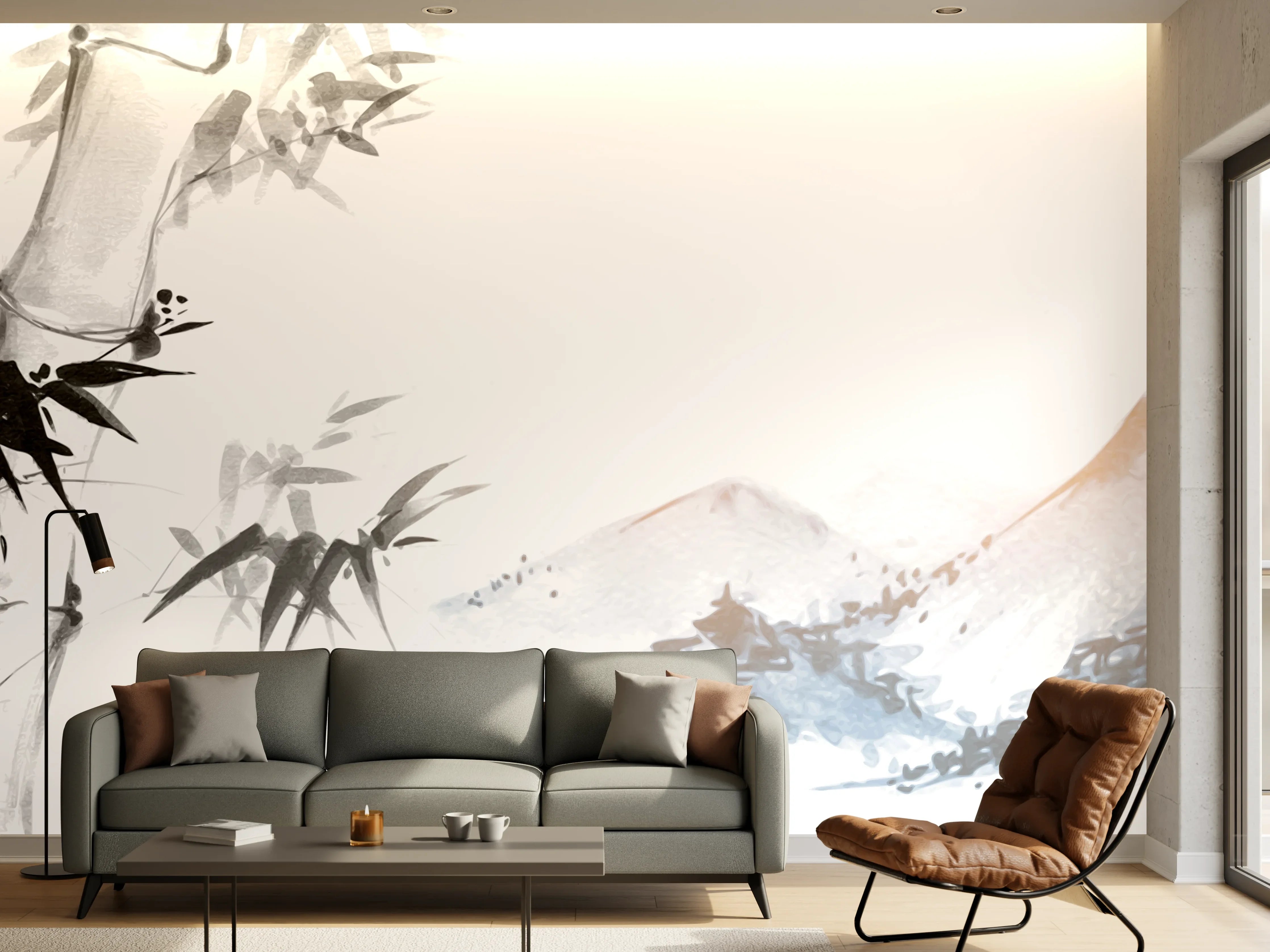 Wandverkleidung Wohnzimmer - Weiß-Blau Bambus Bergmalerei