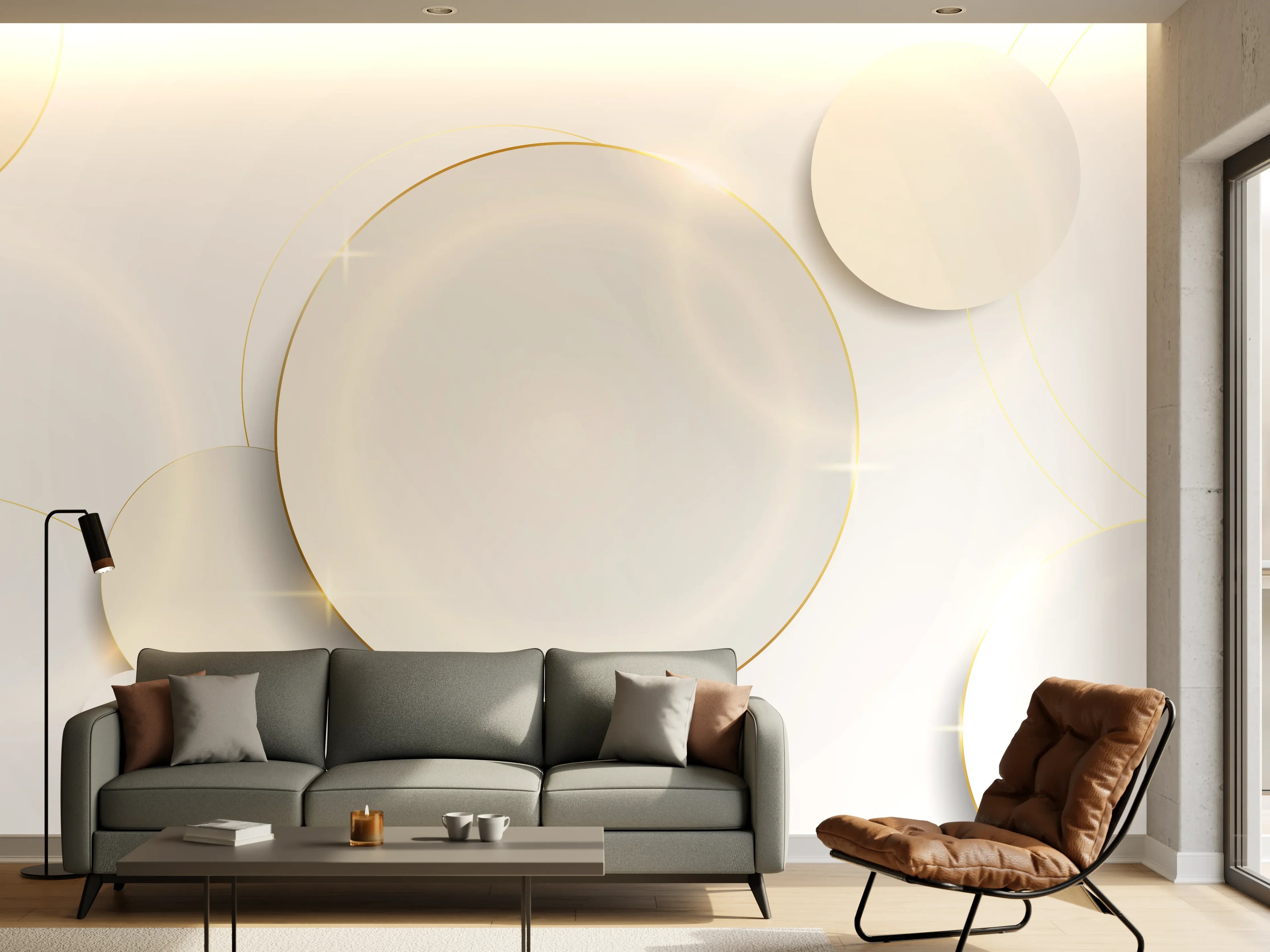 Wandverkleidung Wohnzimmer - Weiß-Goldene Abstrakte Formen