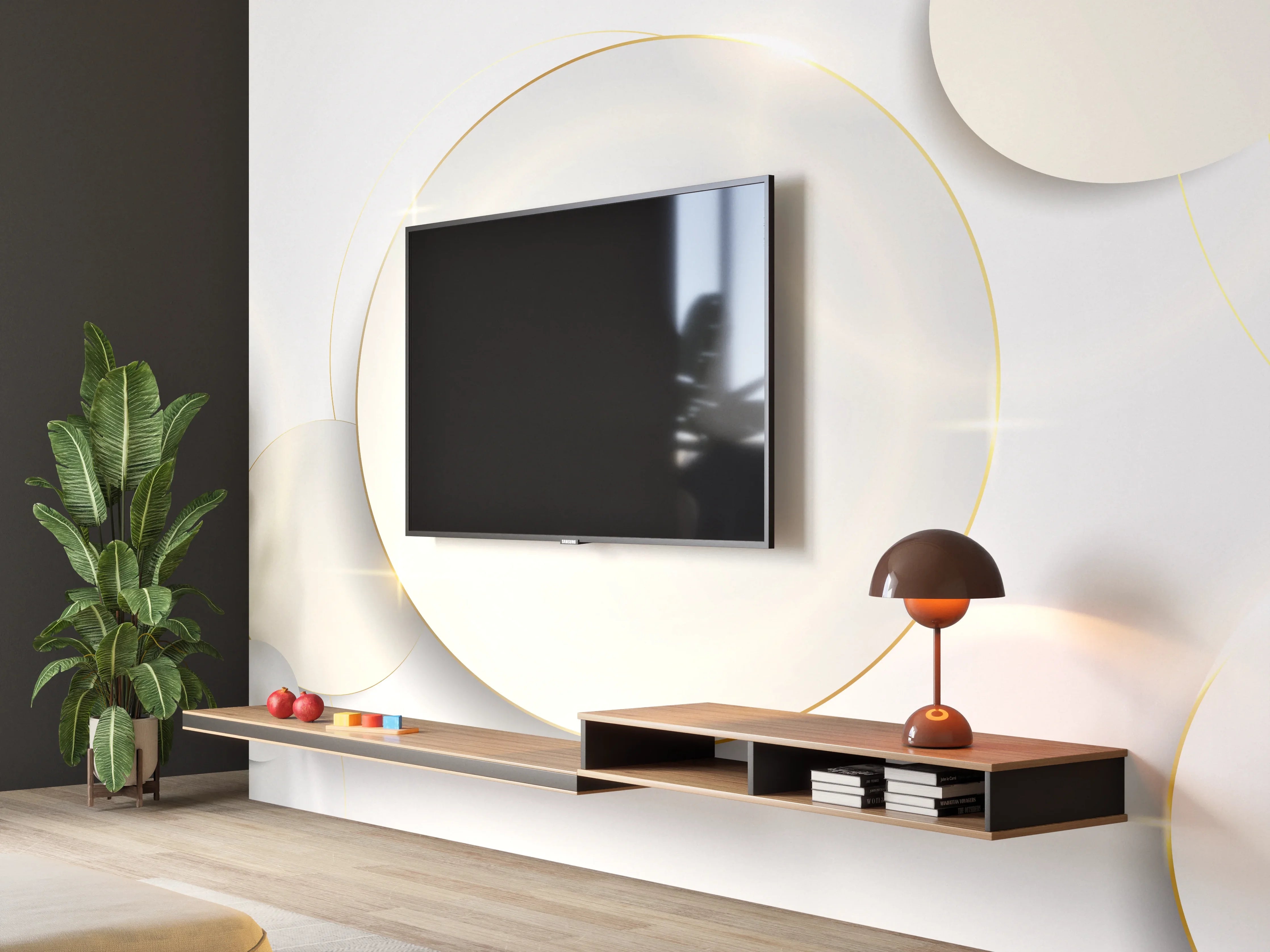 Wandverkleidung Wohnzimmer - Weiß-Goldene Abstrakte Formen