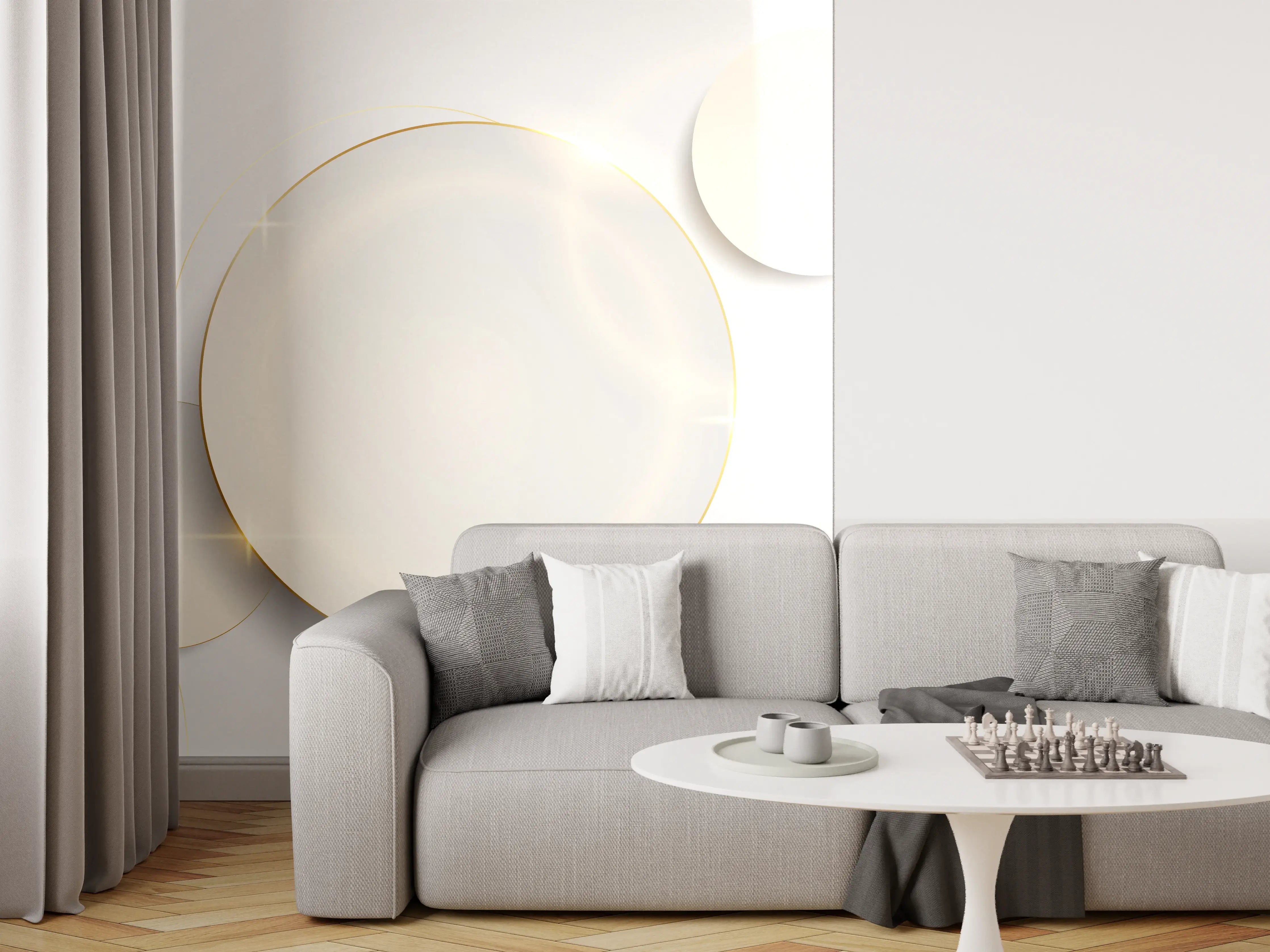 Wandverkleidung Wohnzimmer - Weiß-Goldene Abstrakte Formen