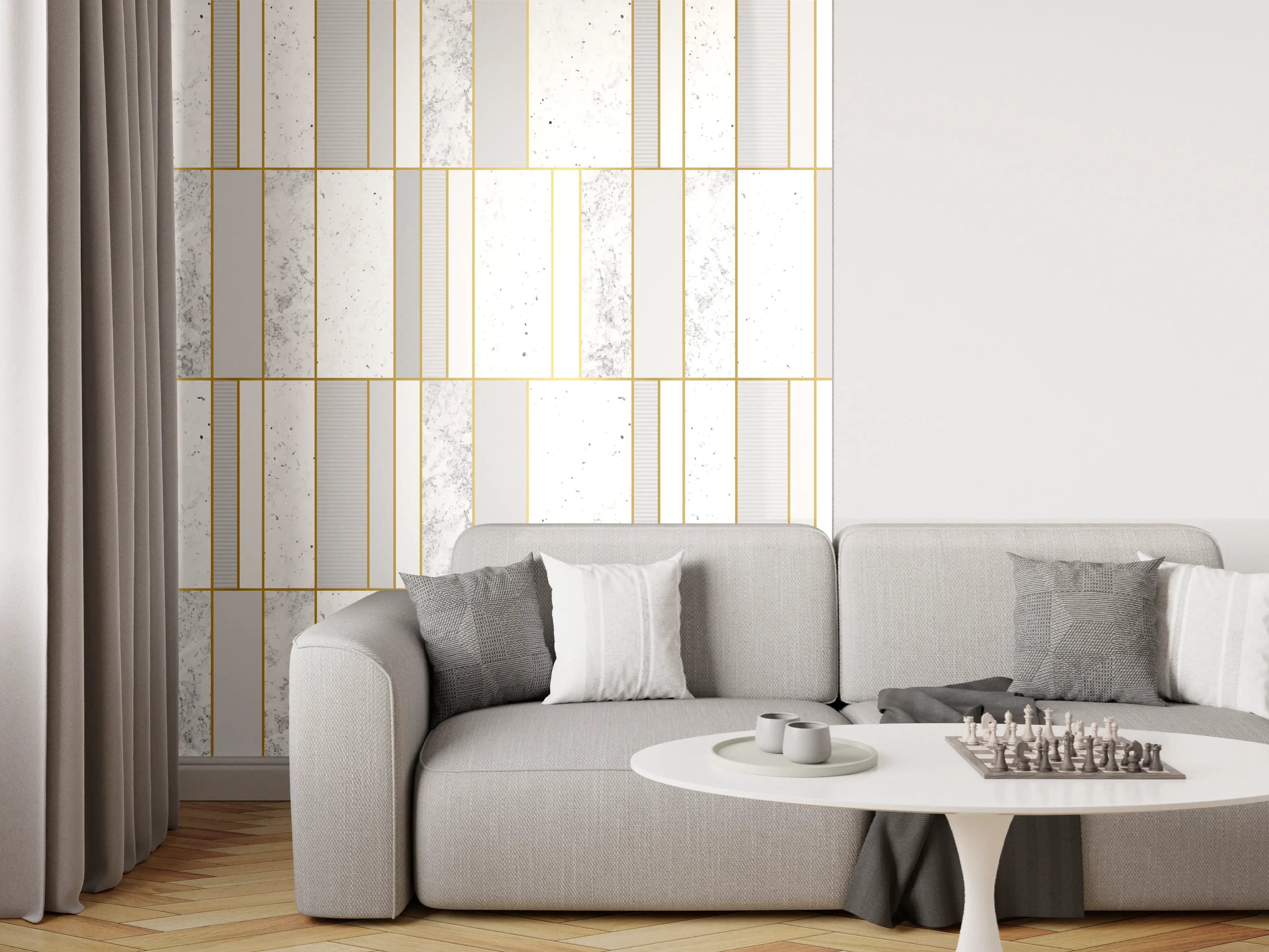 Wandverkleidung Wohnzimmer - Weiß-Goldene Marmoroptik Fliese