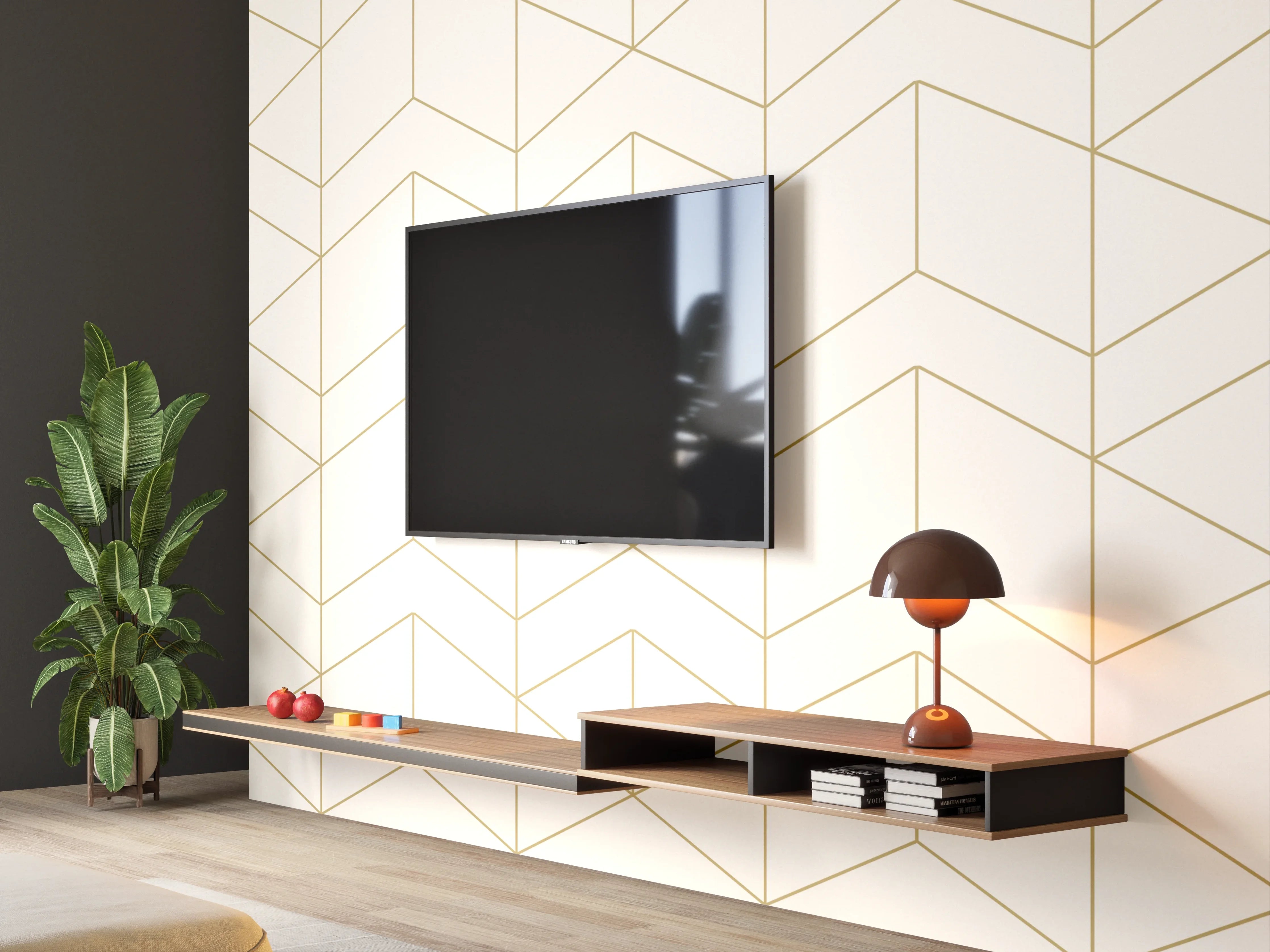 Wandverkleidung Wohnzimmer - Weiß-Goldene Muster Tapete