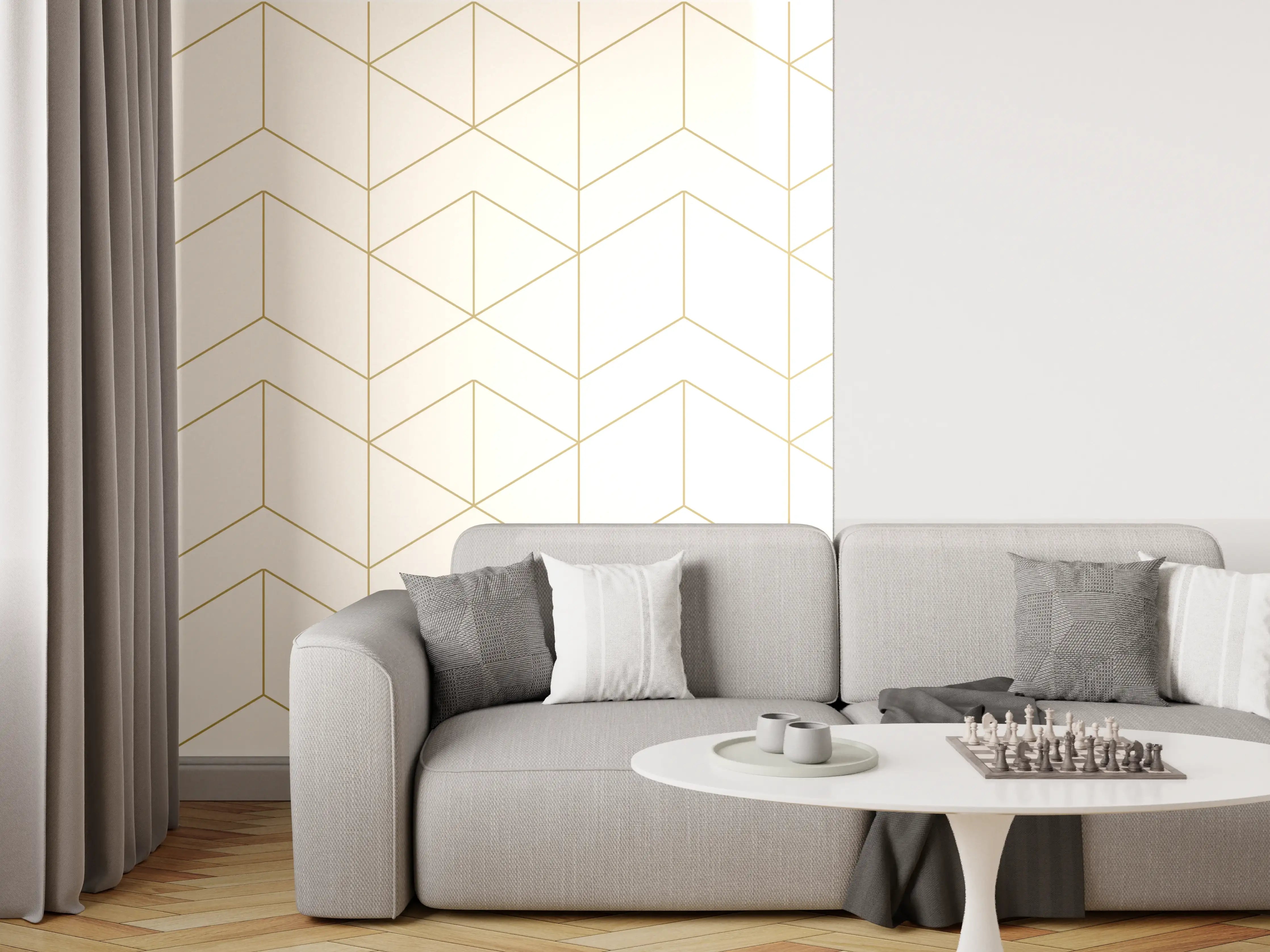 Wandverkleidung Wohnzimmer - Weiß-Goldene Muster Tapete