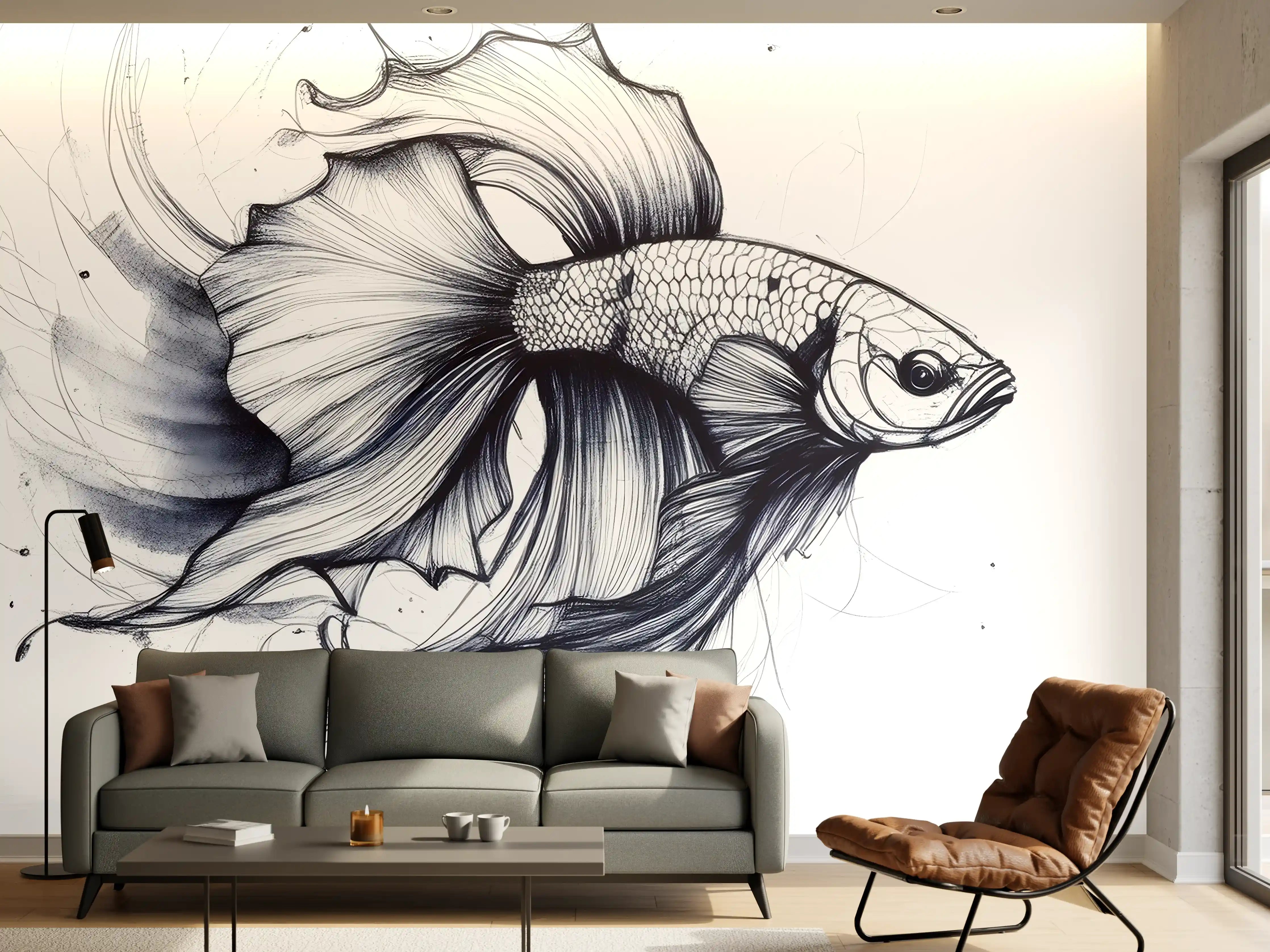 Wandverkleidung Wohnzimmer - Weiß-Grau Betta-Fisch Illustration