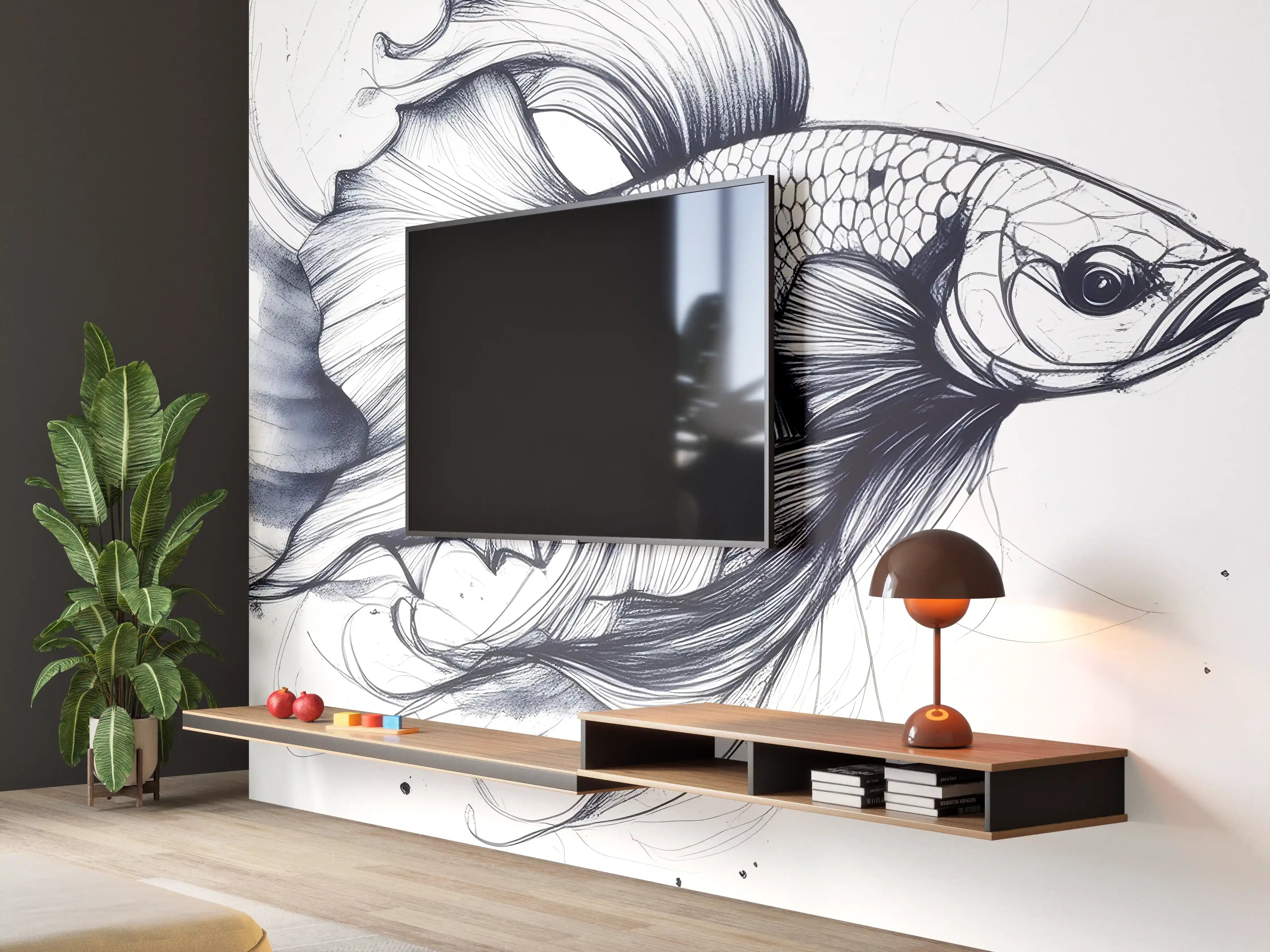 Wandverkleidung Wohnzimmer - Weiß-Grau Betta-Fisch Illustration