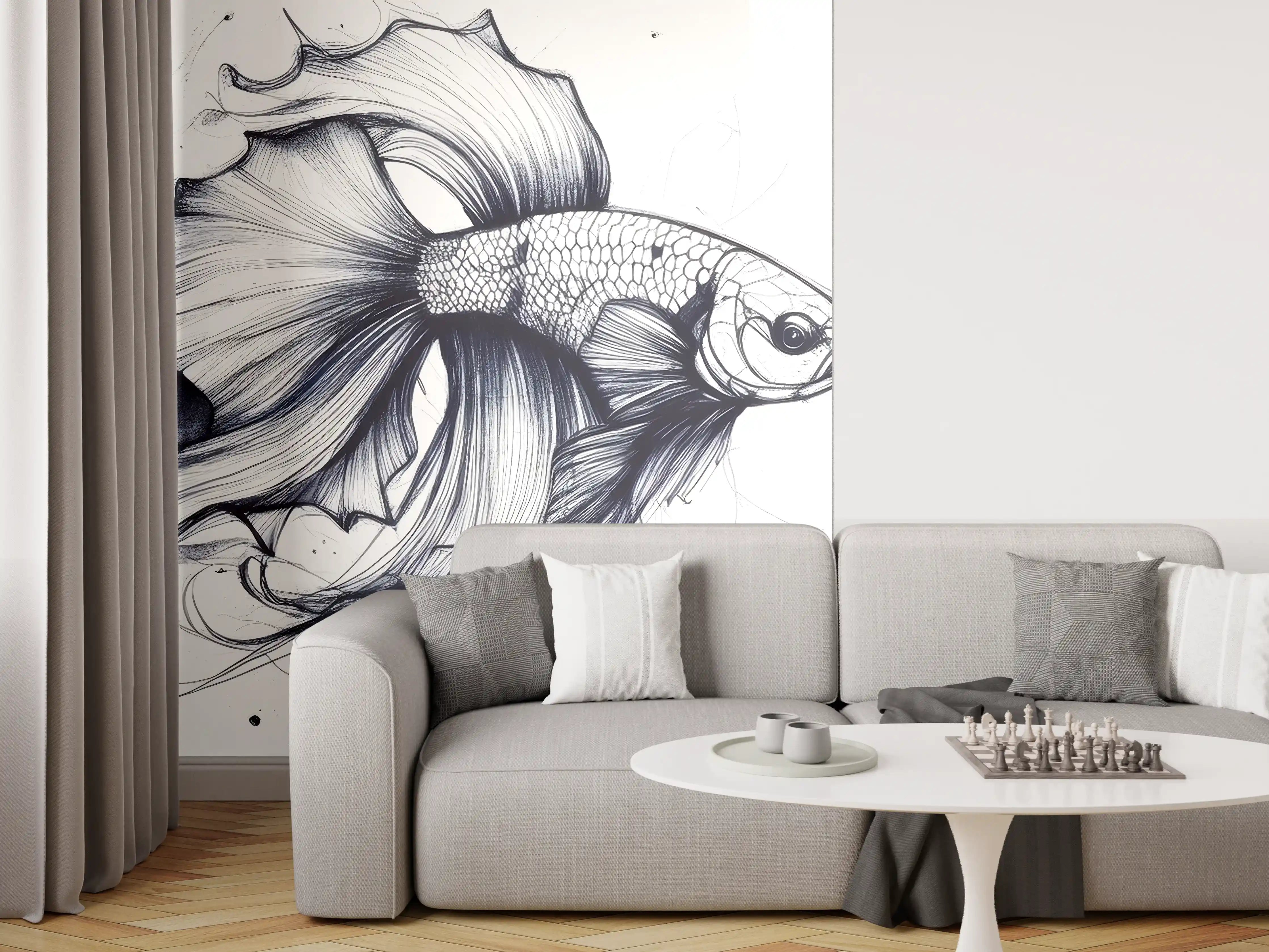 Wandverkleidung Wohnzimmer - Weiß-Grau Betta-Fisch Illustration