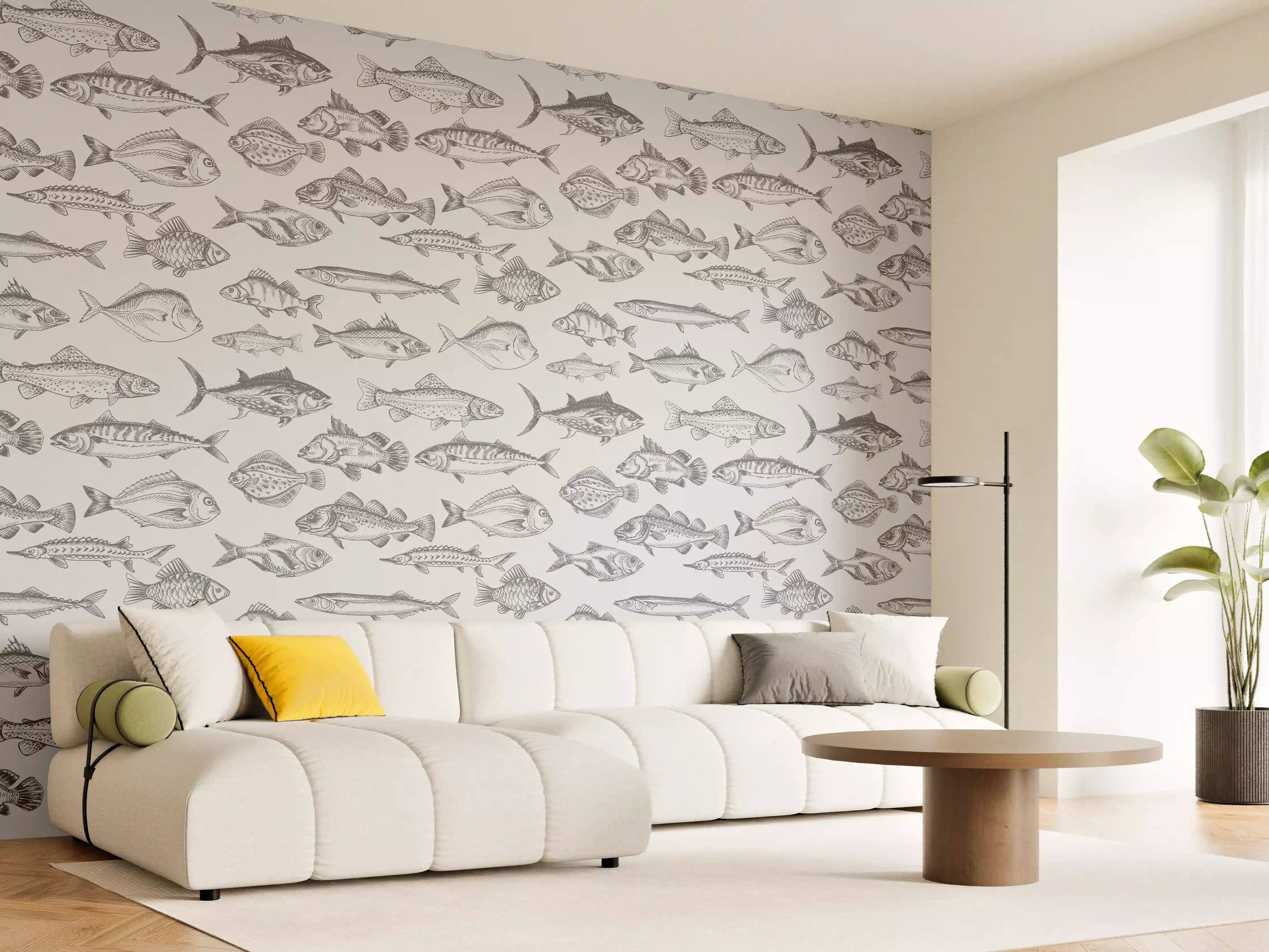 Wandverkleidung Wohnzimmer - Weiß-Grau Fischmuster