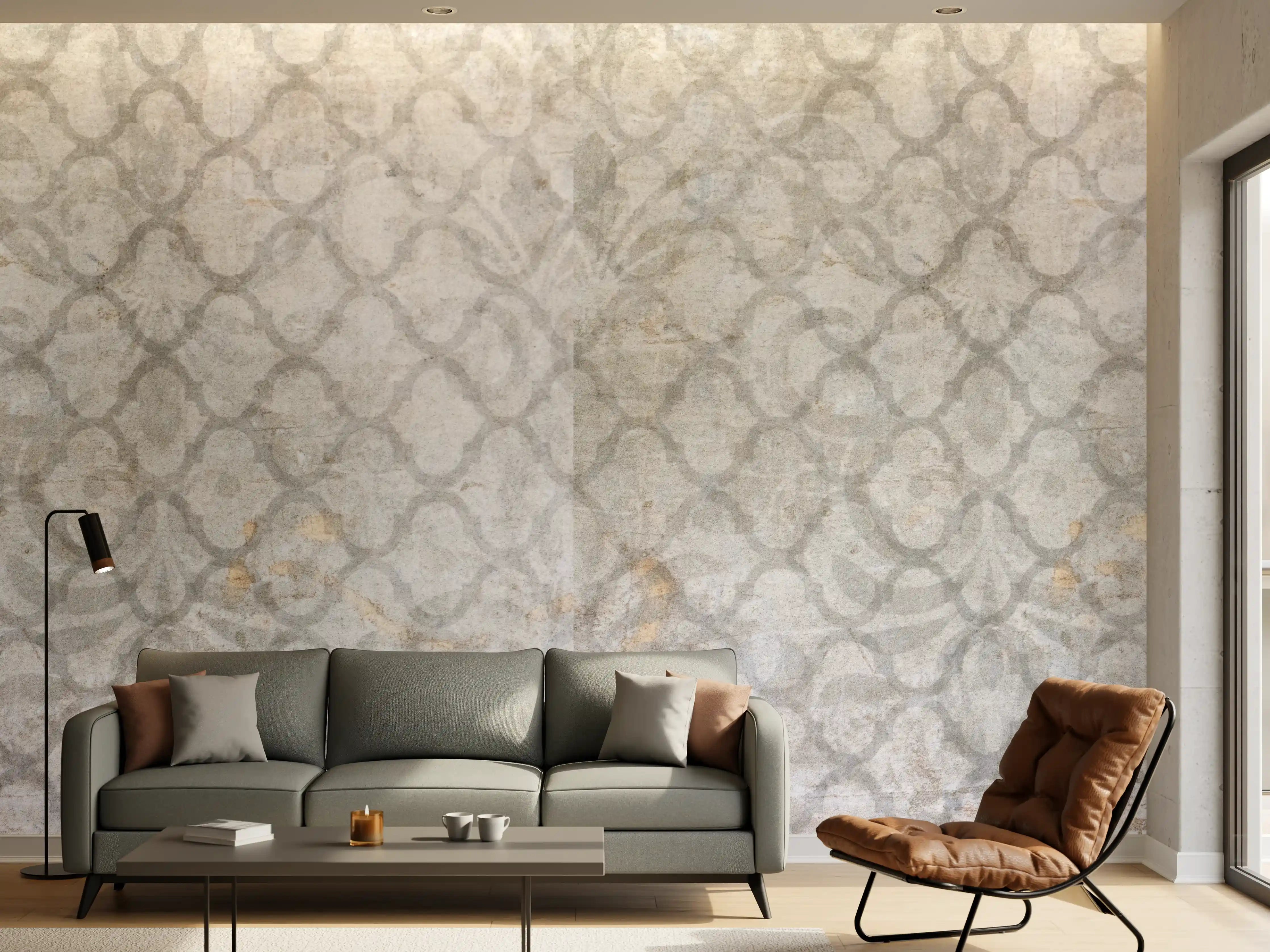 Wandverkleidung Wohnzimmer - Weiß-Grau Vintage Damask-Tapete