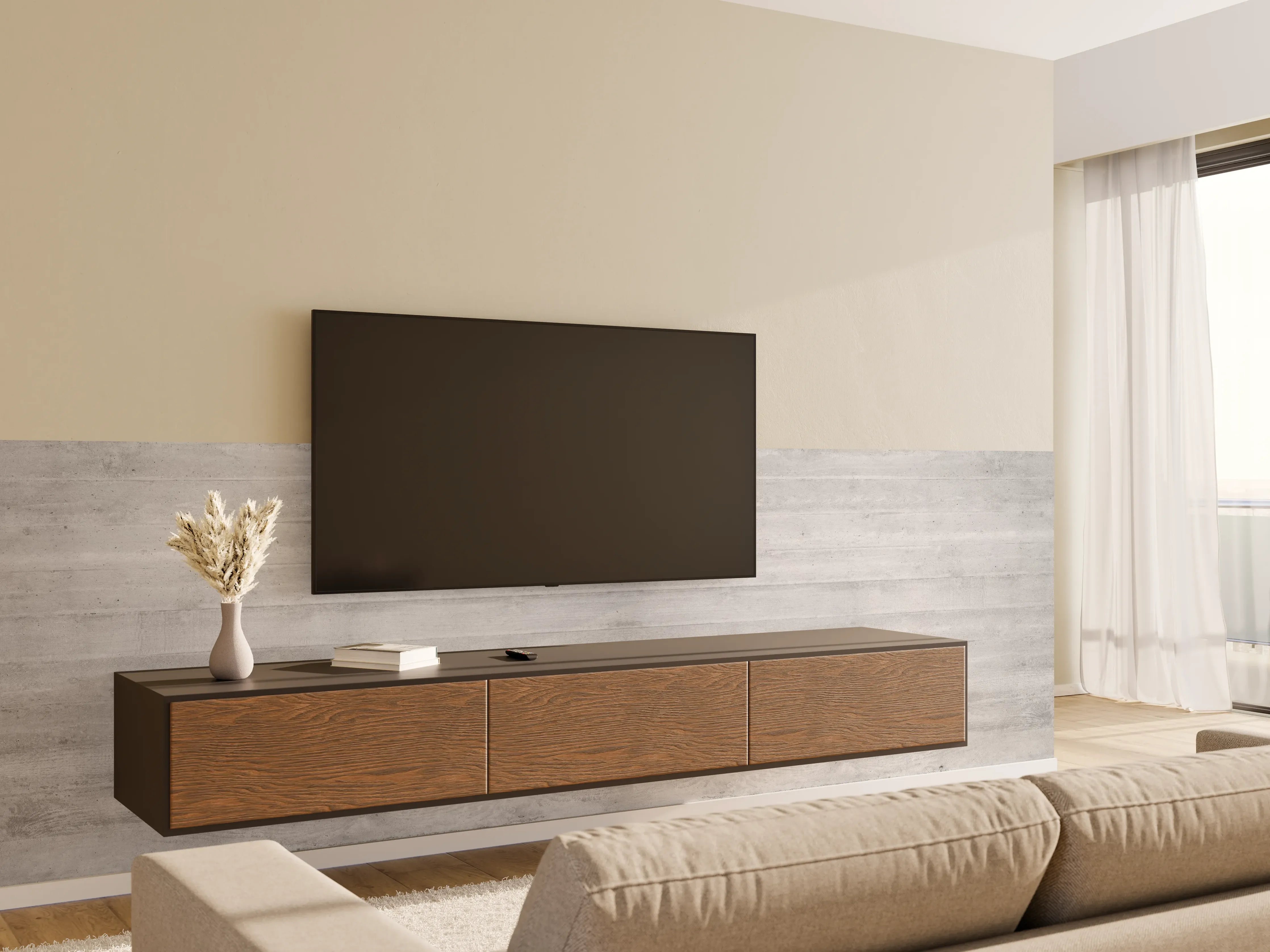 Wandverkleidung Wohnzimmer - Weiß-Graue Betontextur Panorama