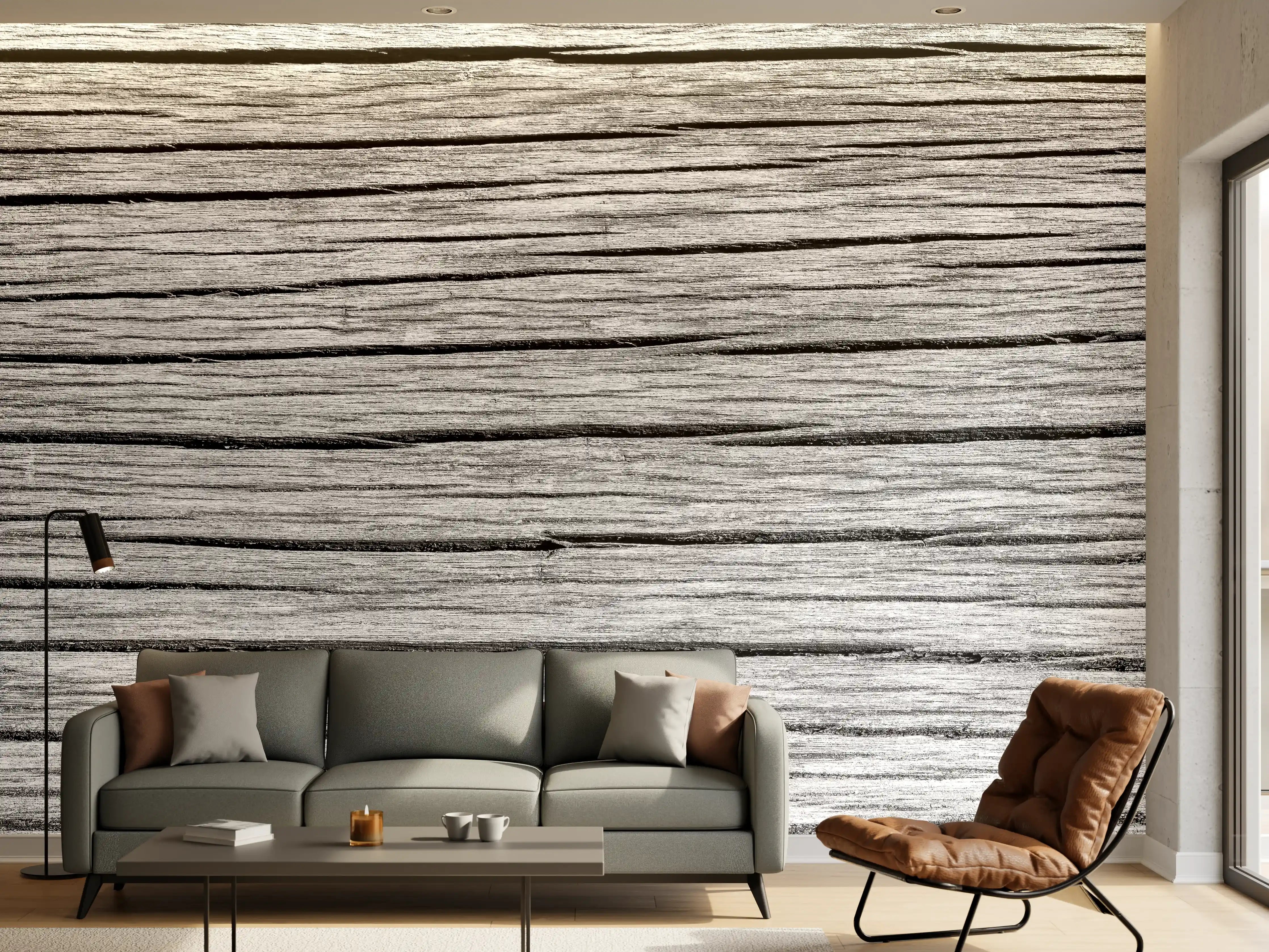 Wandverkleidung Wohnzimmer - Weiß-Graue Holztextur Panorama