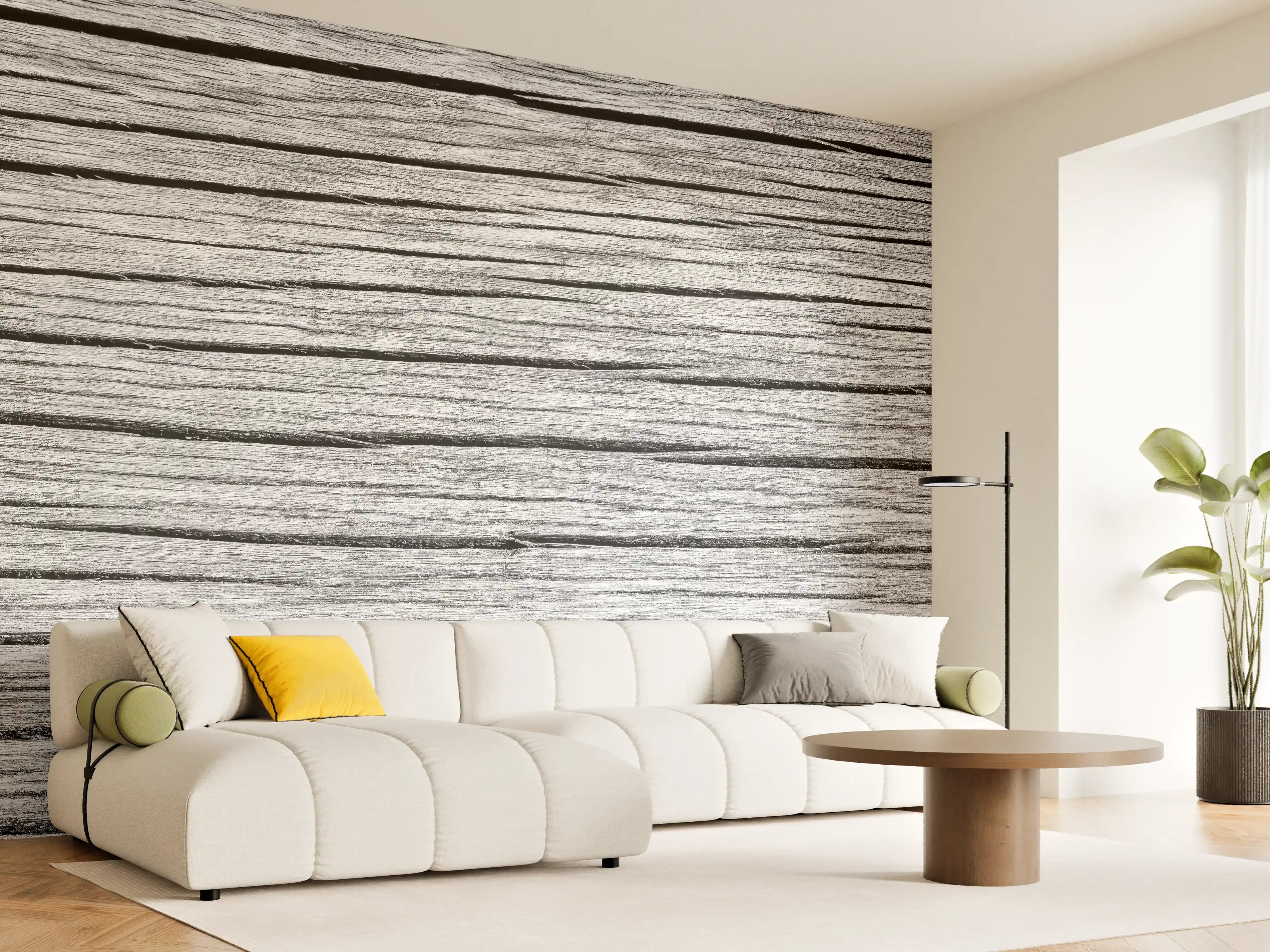 Wandverkleidung Wohnzimmer - Weiß-Graue Holztextur Panorama