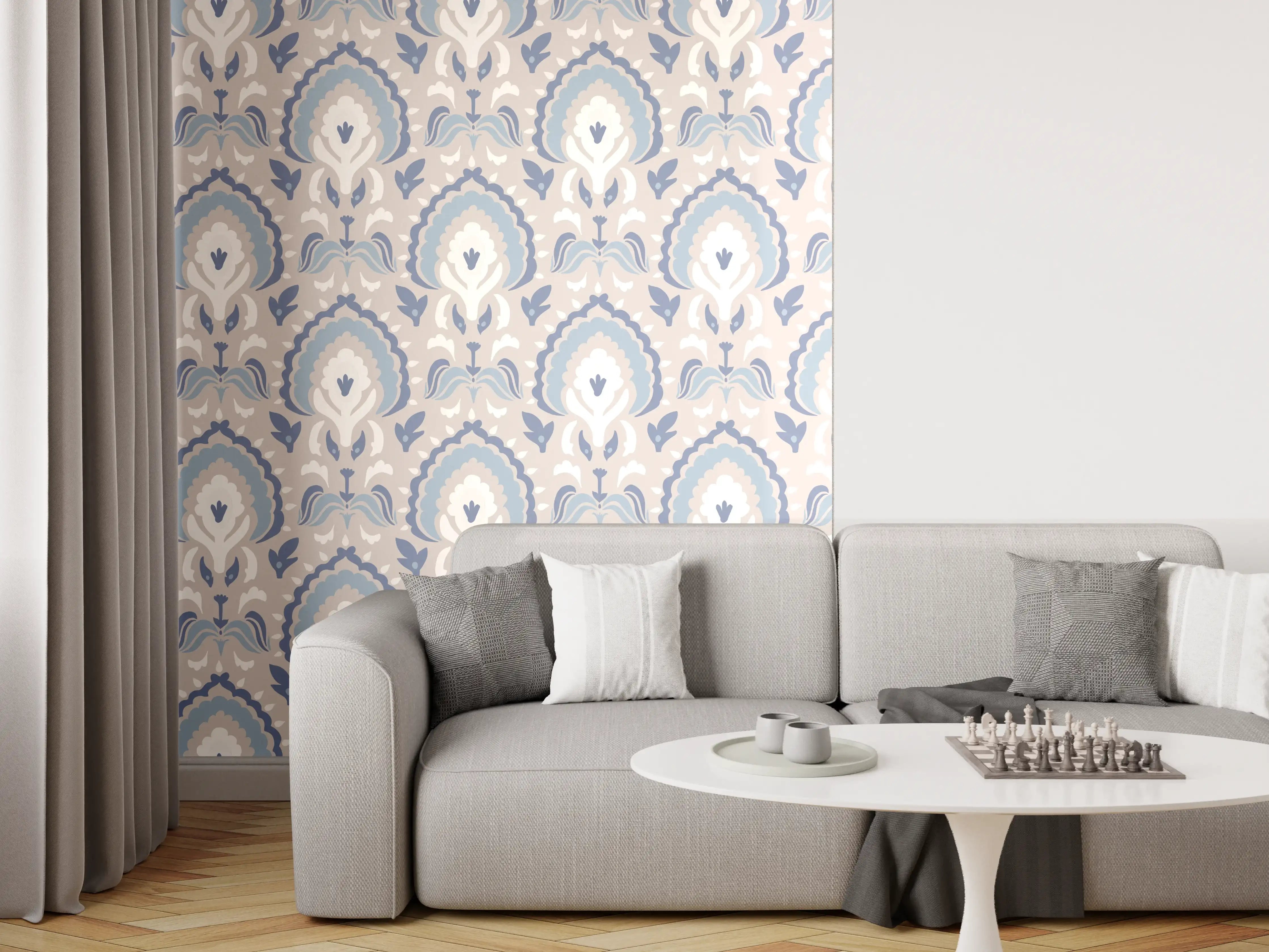 Wandverkleidung Wohnzimmer - Weiß-Graues Damastmuster Seamless
