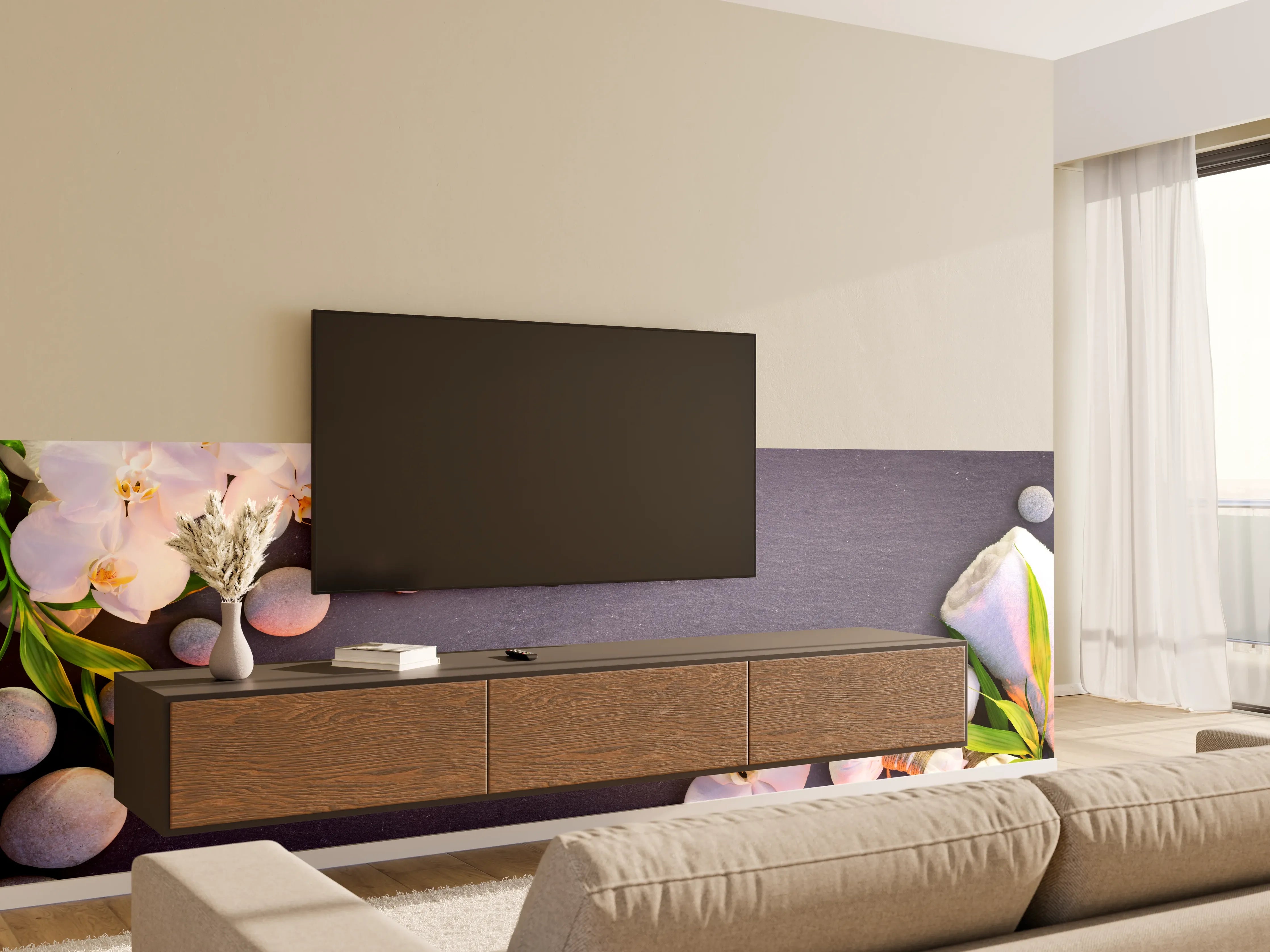 Wandverkleidung Wohnzimmer - Weiß-Rosa Orchideen auf Schiefer