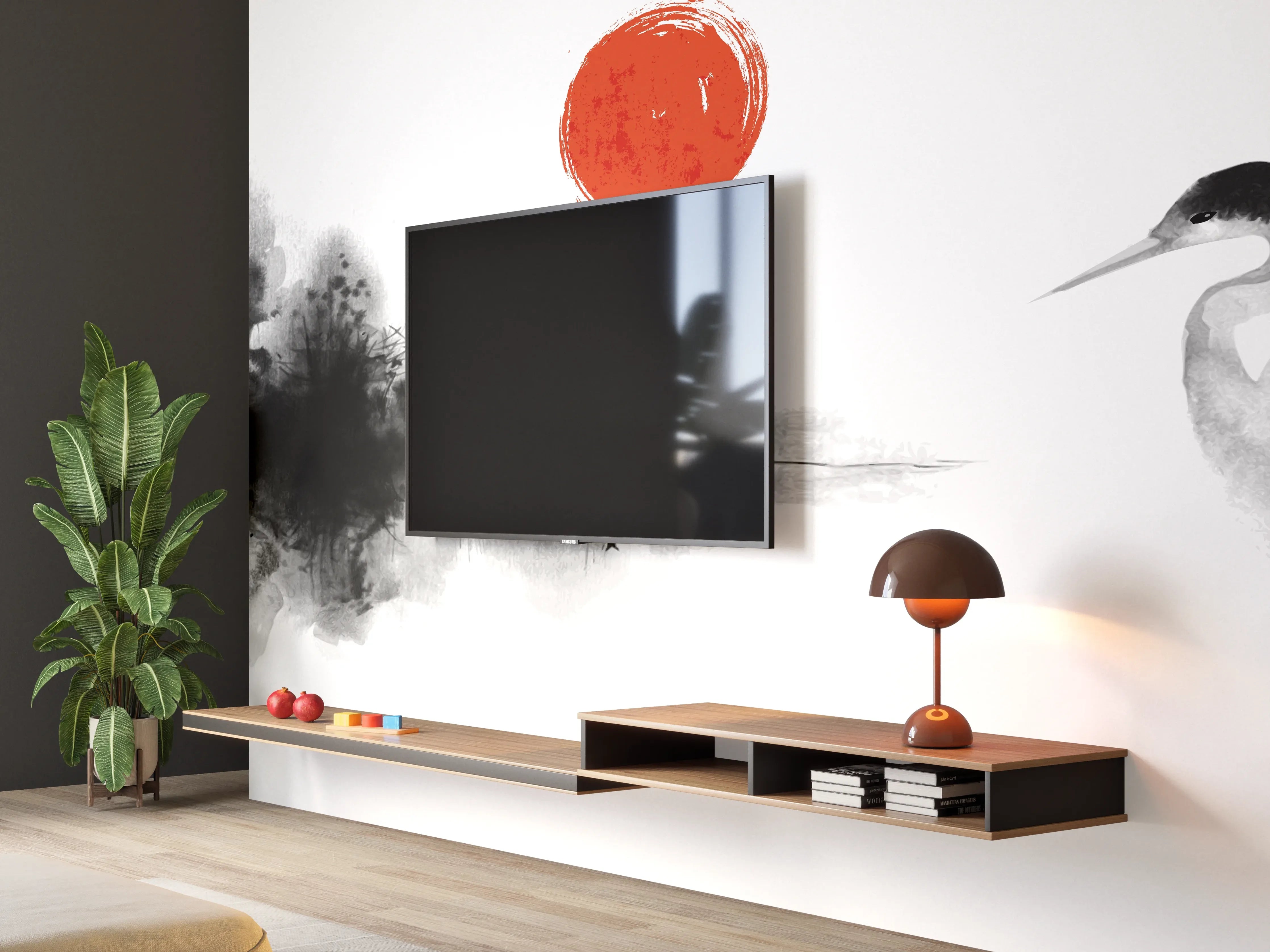 Wandverkleidung Wohnzimmer - Weiß-Schwarze Kranich Malerei