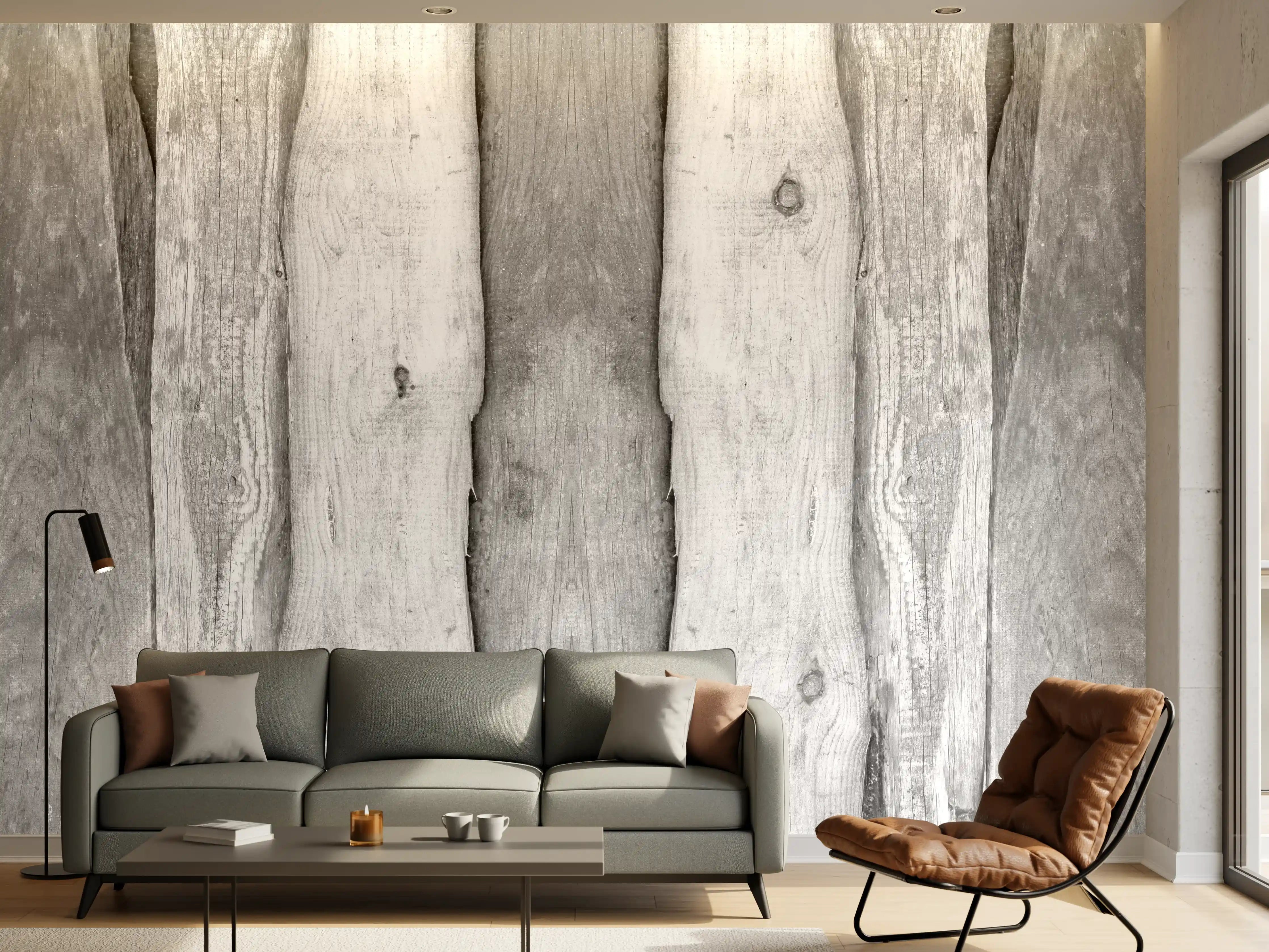 Wandverkleidung Wohnzimmer - Weiß grau gestrichene Holzstruktur