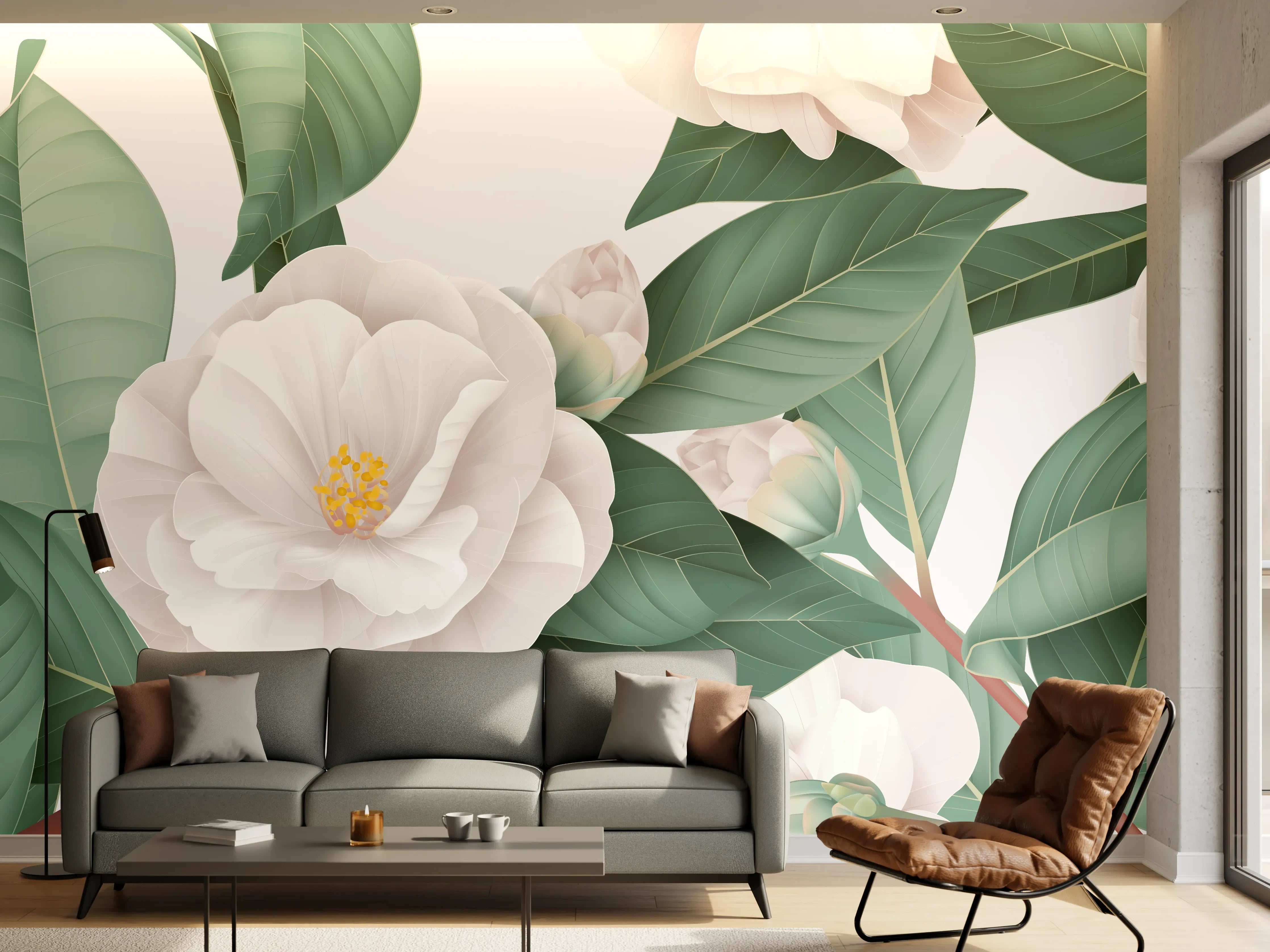Wandverkleidung Wohnzimmer - Weiße Blüten