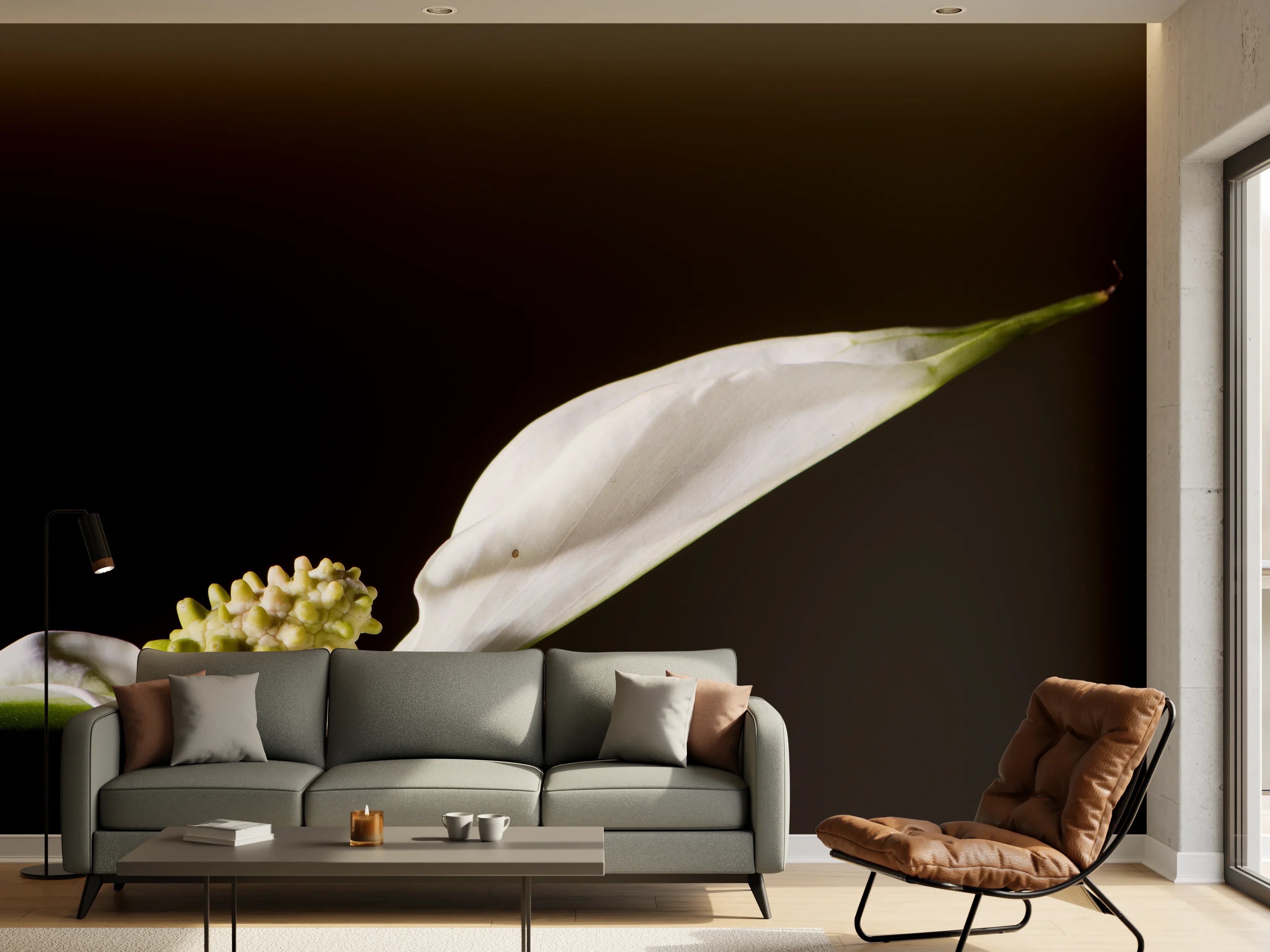 Wandverkleidung Wohnzimmer - Weiße Blume auf schwarzem Hintergrund
