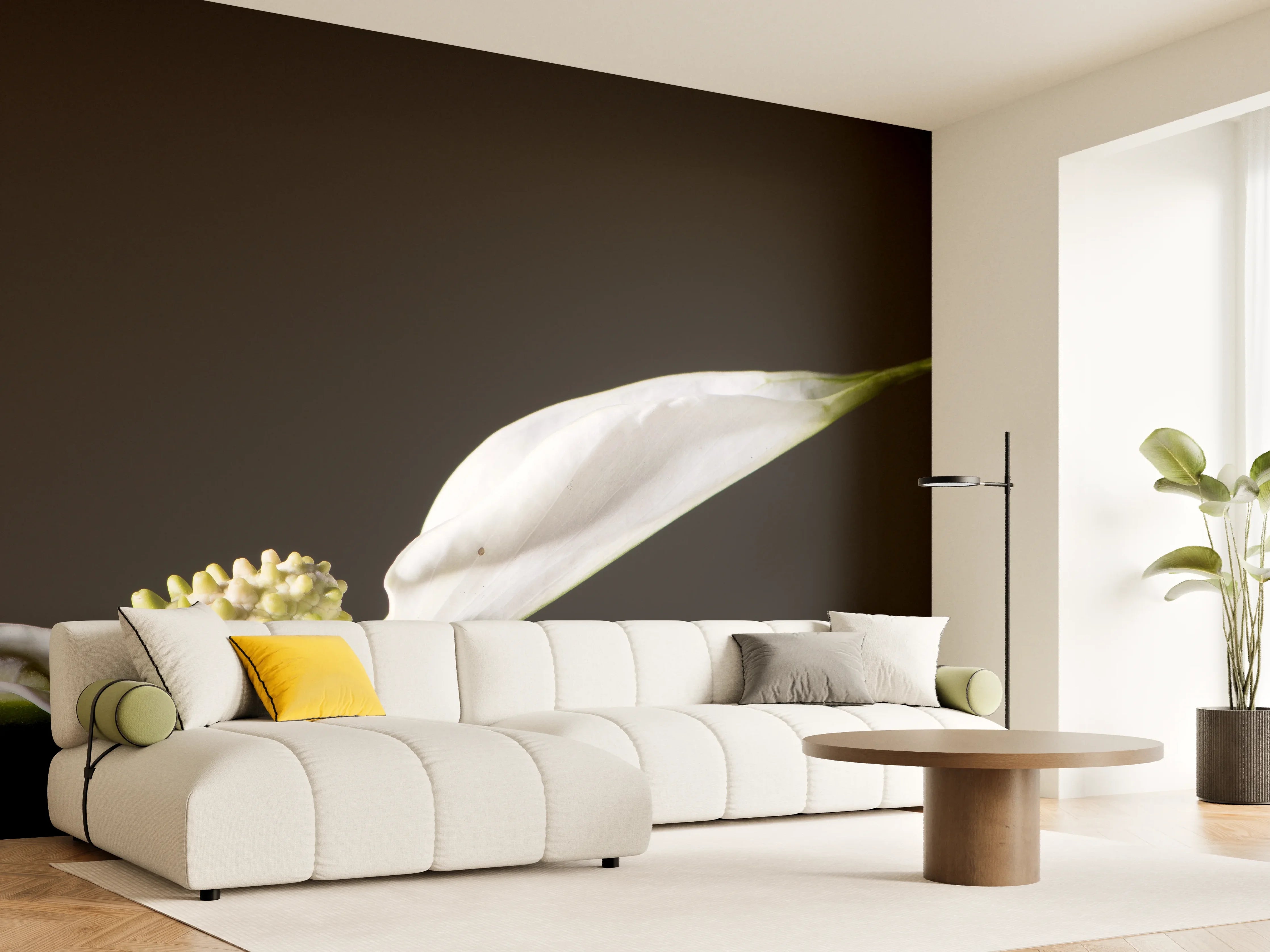 Wandverkleidung Wohnzimmer - Weiße Blume auf schwarzem Hintergrund