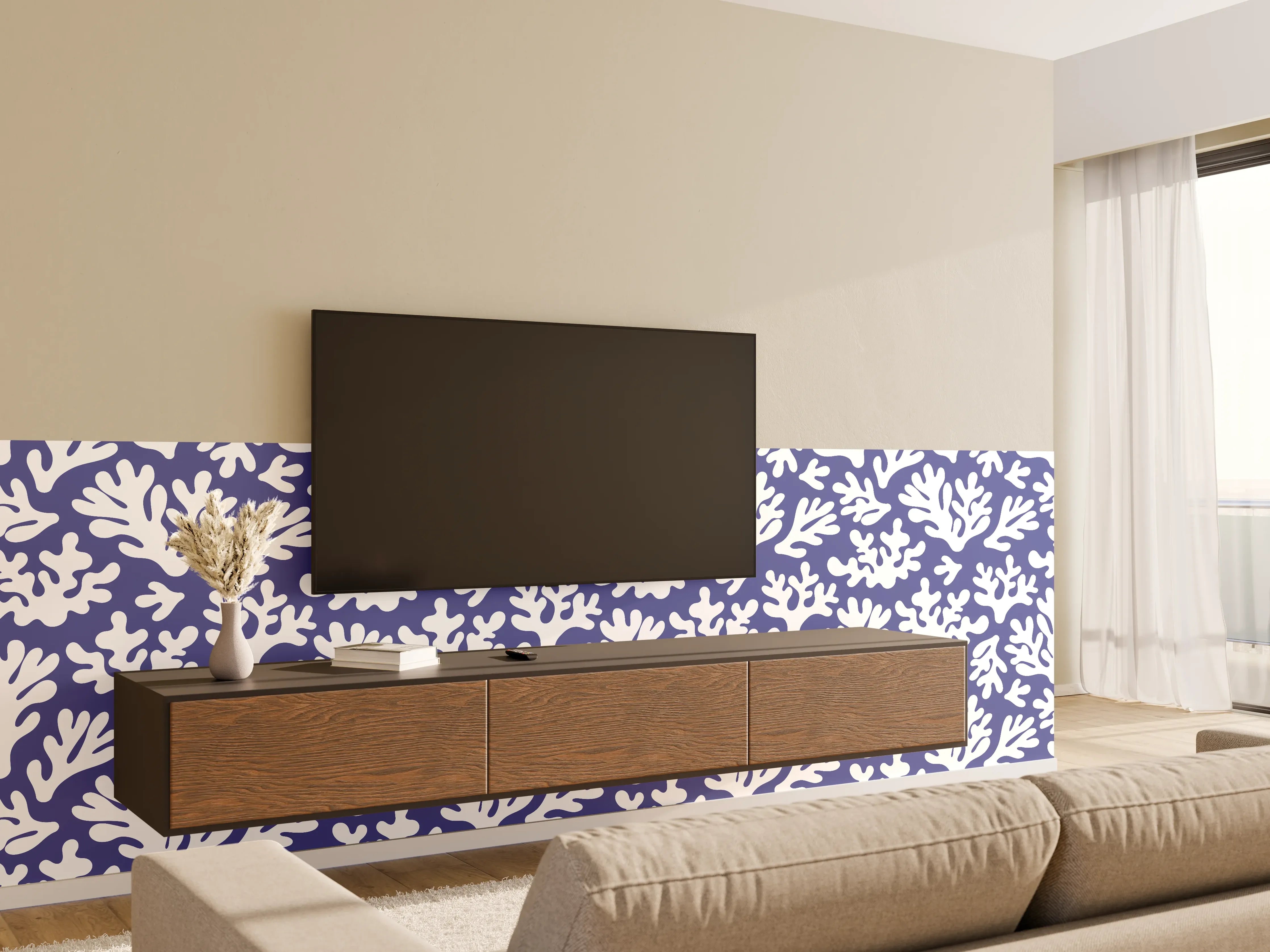 Wandverkleidung Wohnzimmer - Weiße Korallen auf Blau