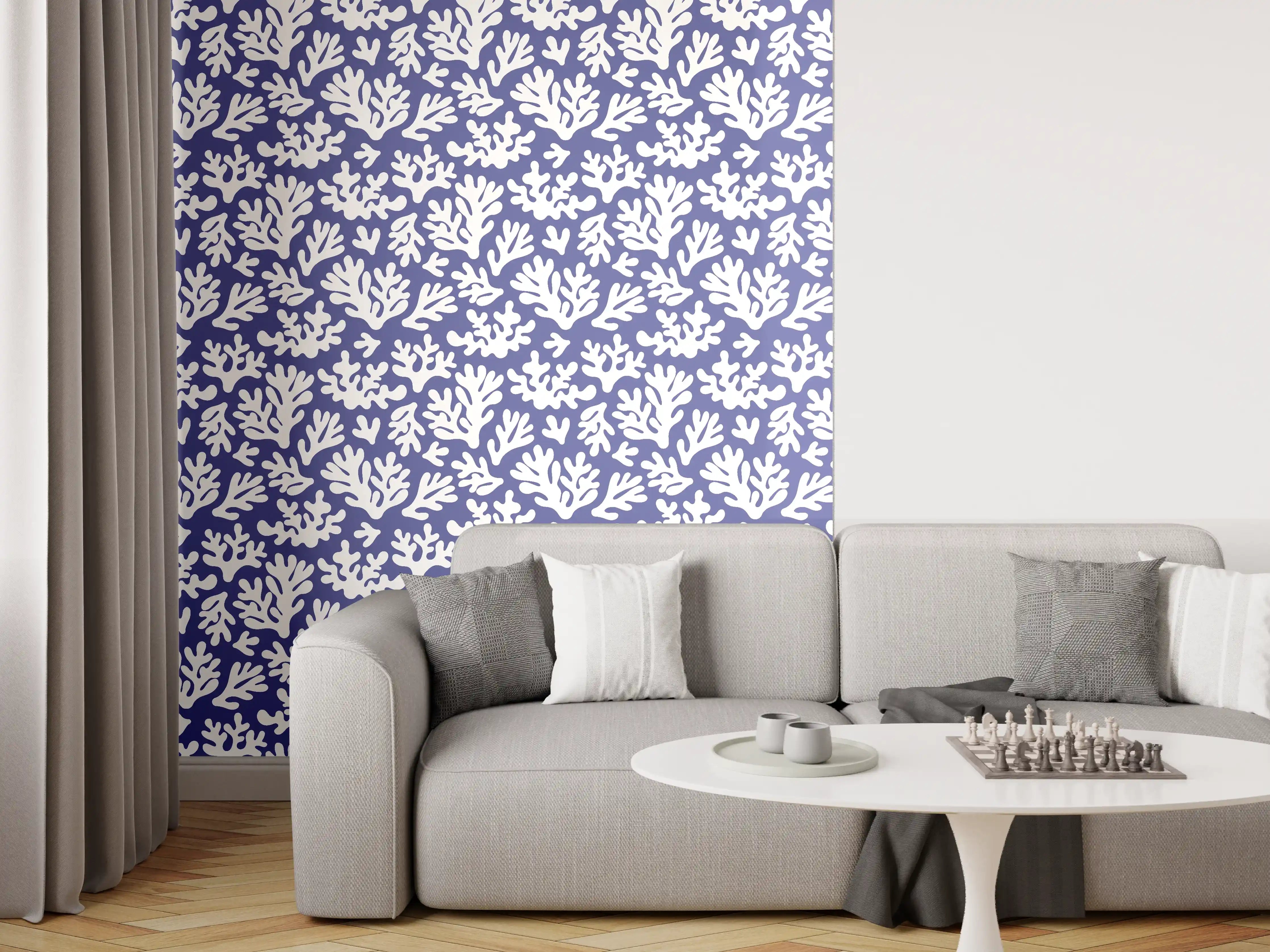 Wandverkleidung Wohnzimmer - Weiße Korallen auf Blau