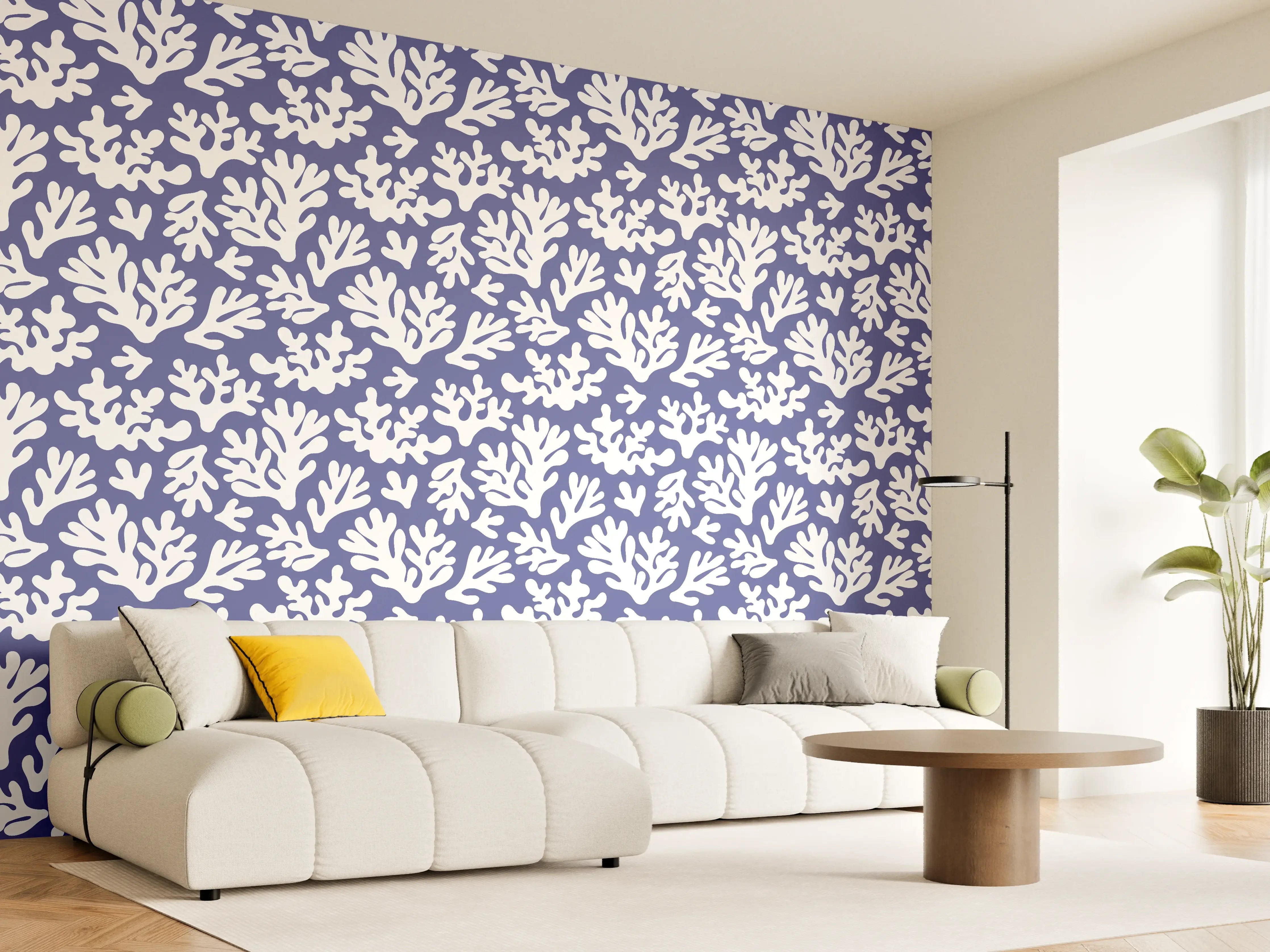 Wandverkleidung Wohnzimmer - Weiße Korallen auf Blau