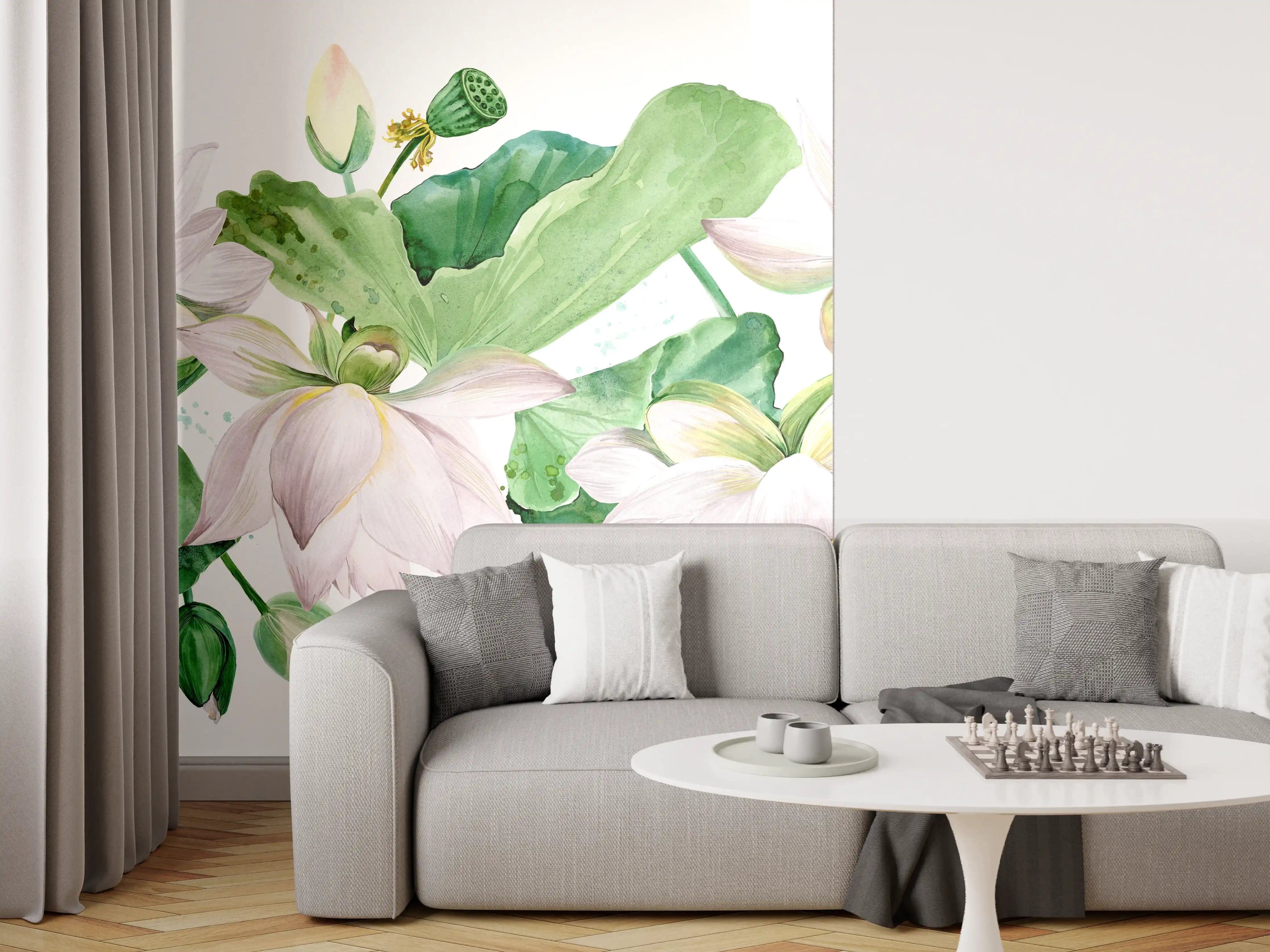 Wandverkleidung Wohnzimmer - Weiße Lotusblumen - nahtlose Muster