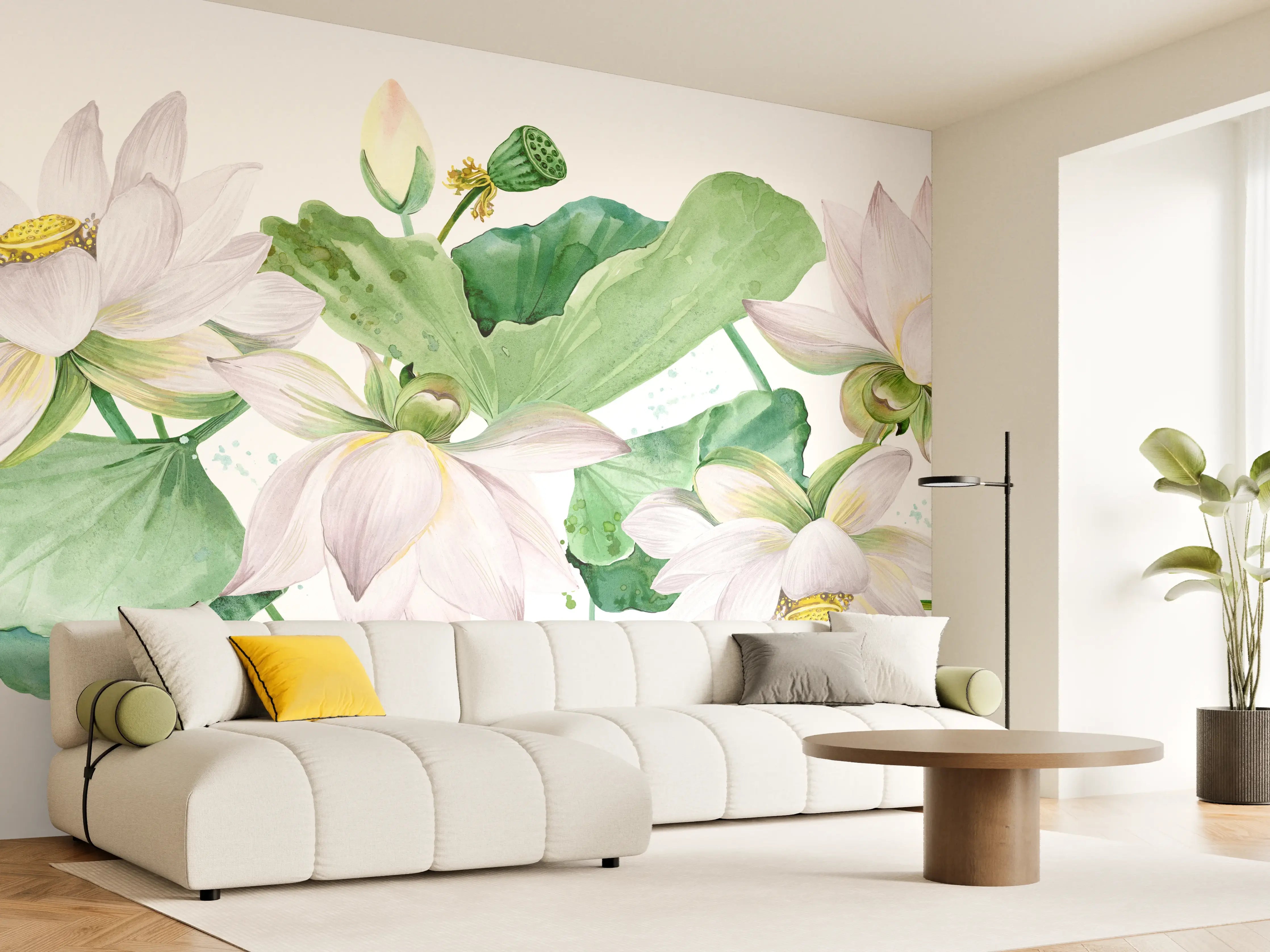 Wandverkleidung Wohnzimmer - Weiße Lotusblumen - nahtlose Muster