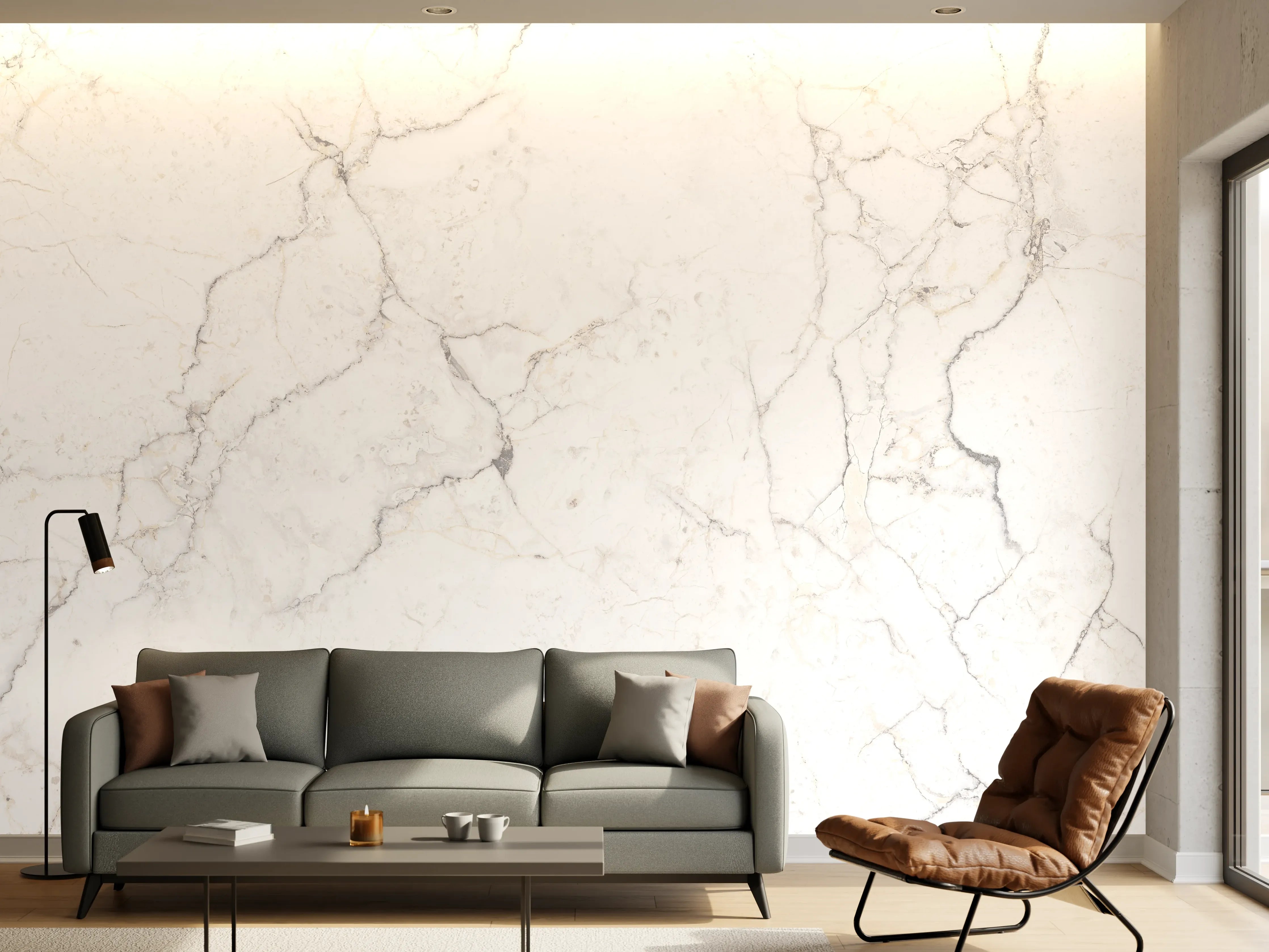 Wandverkleidung Wohnzimmer - Weiße Marmor - Beton Textur