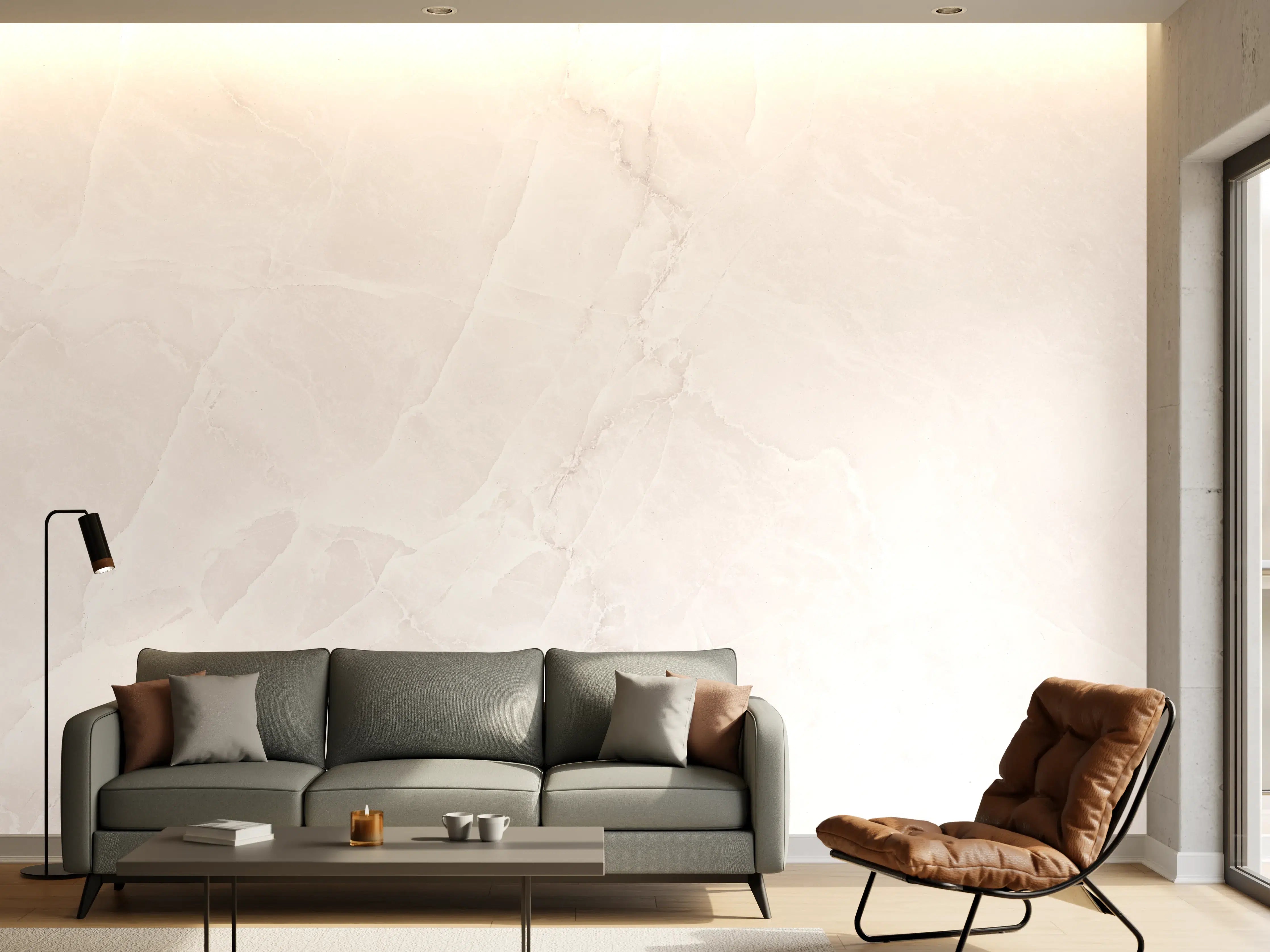 Wandverkleidung Wohnzimmer - Weiße Marmoroptik mit feiner Maserung
