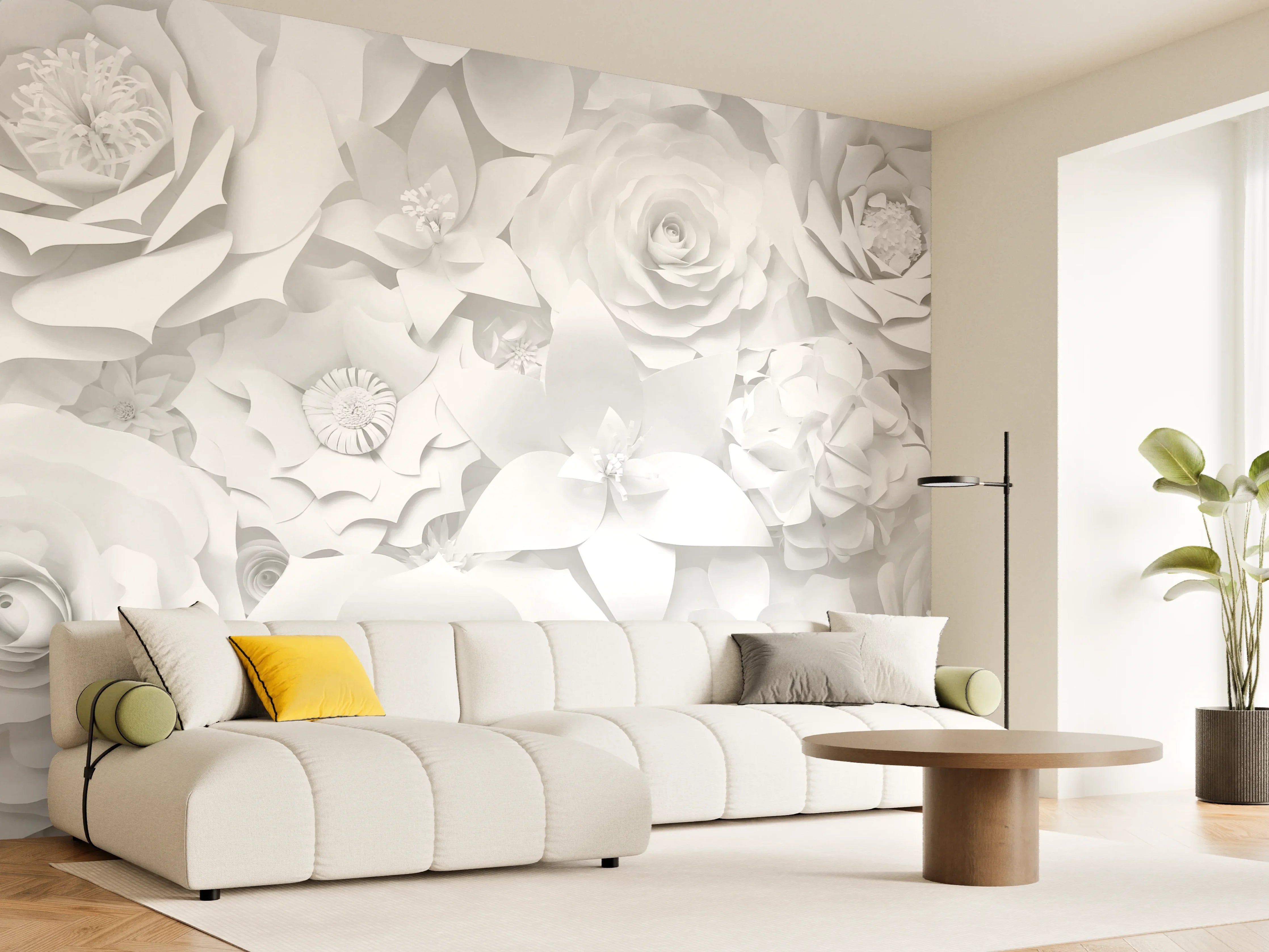 Wandverkleidung Wohnzimmer - Weiße Papierblumen Deco