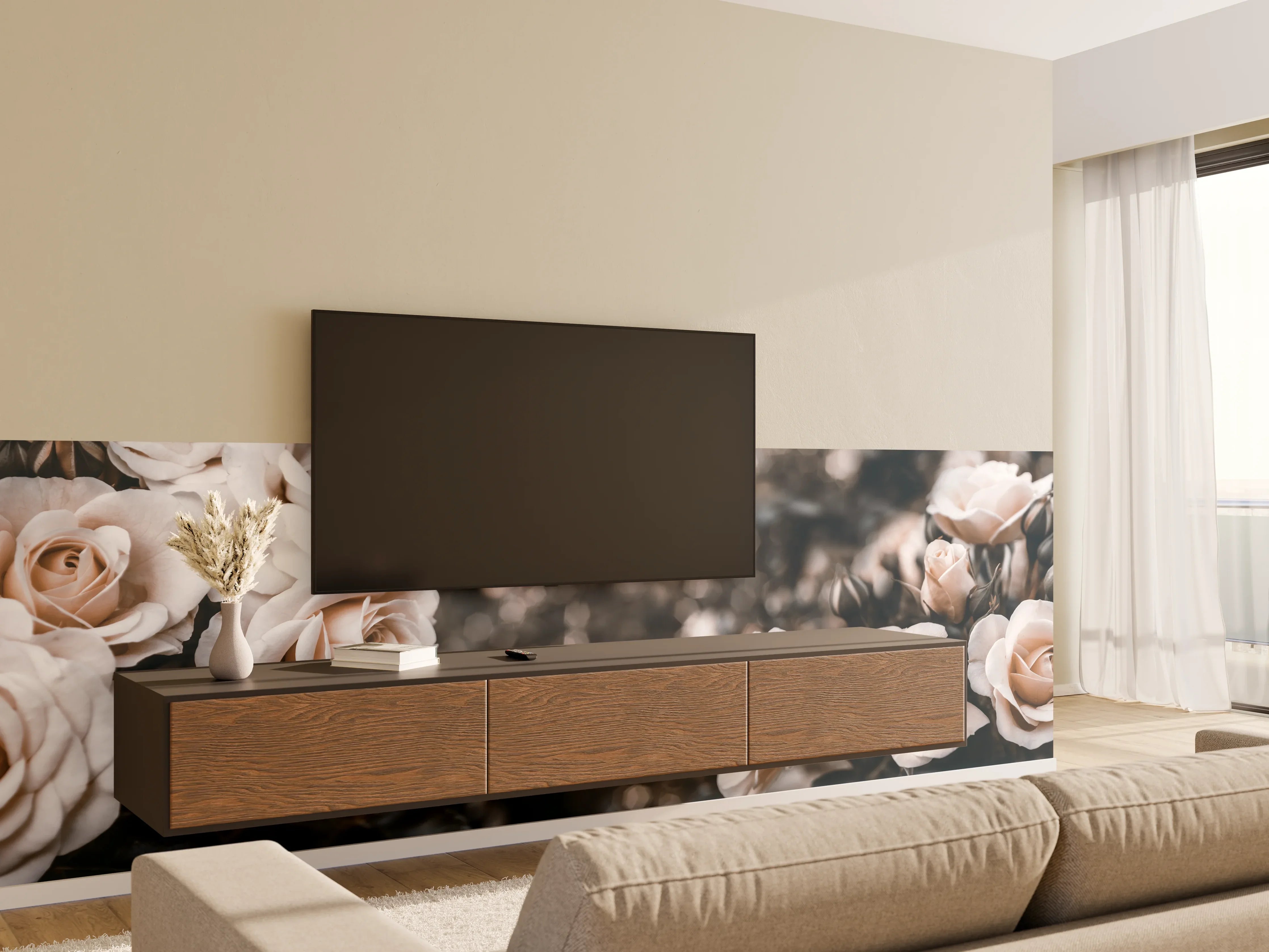 Wandverkleidung Wohnzimmer - Weisse Pastell- Rosen - Fine Art