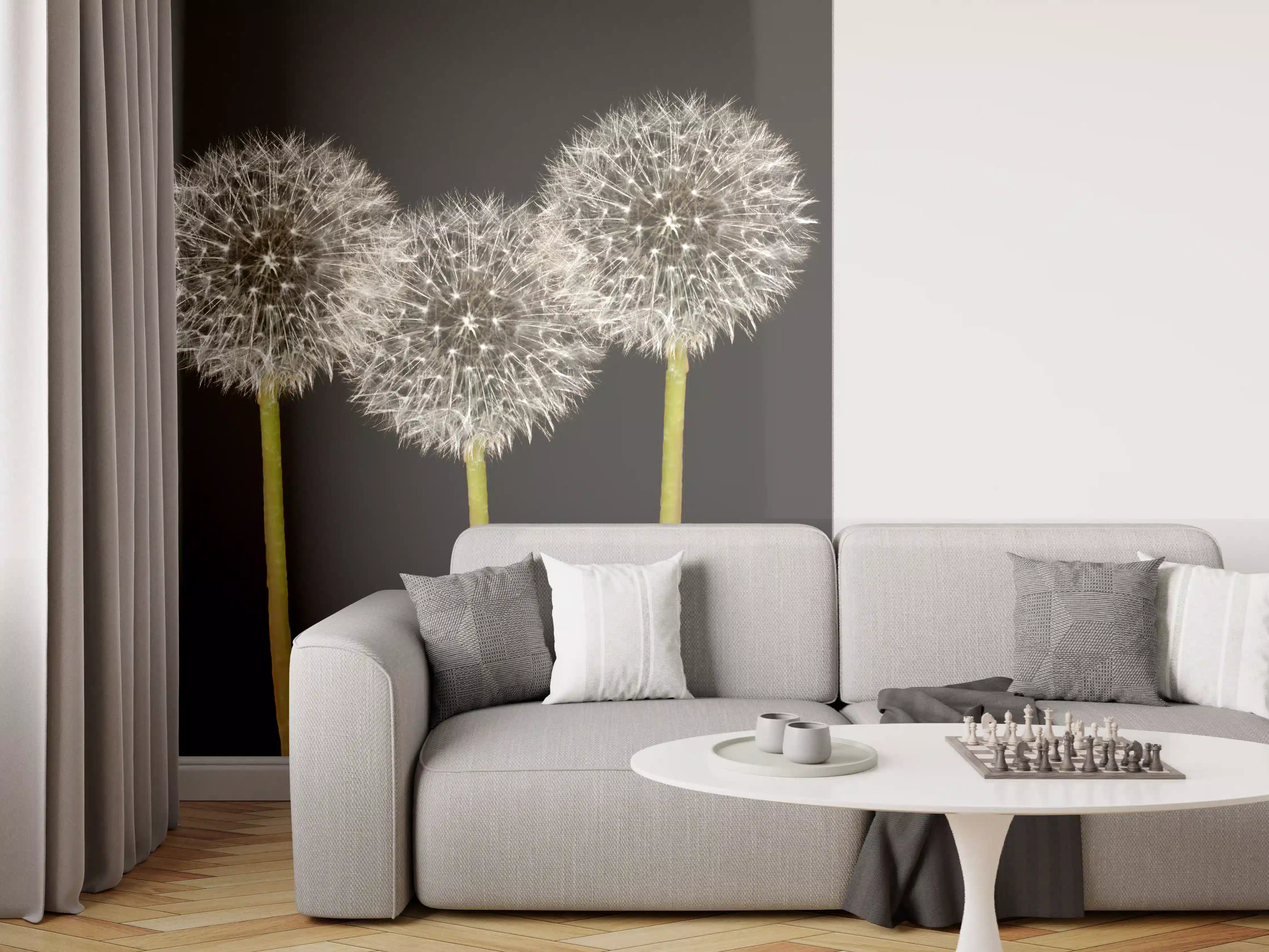 Wandverkleidung Wohnzimmer - Weiße Pusteblumen auf Schwarz