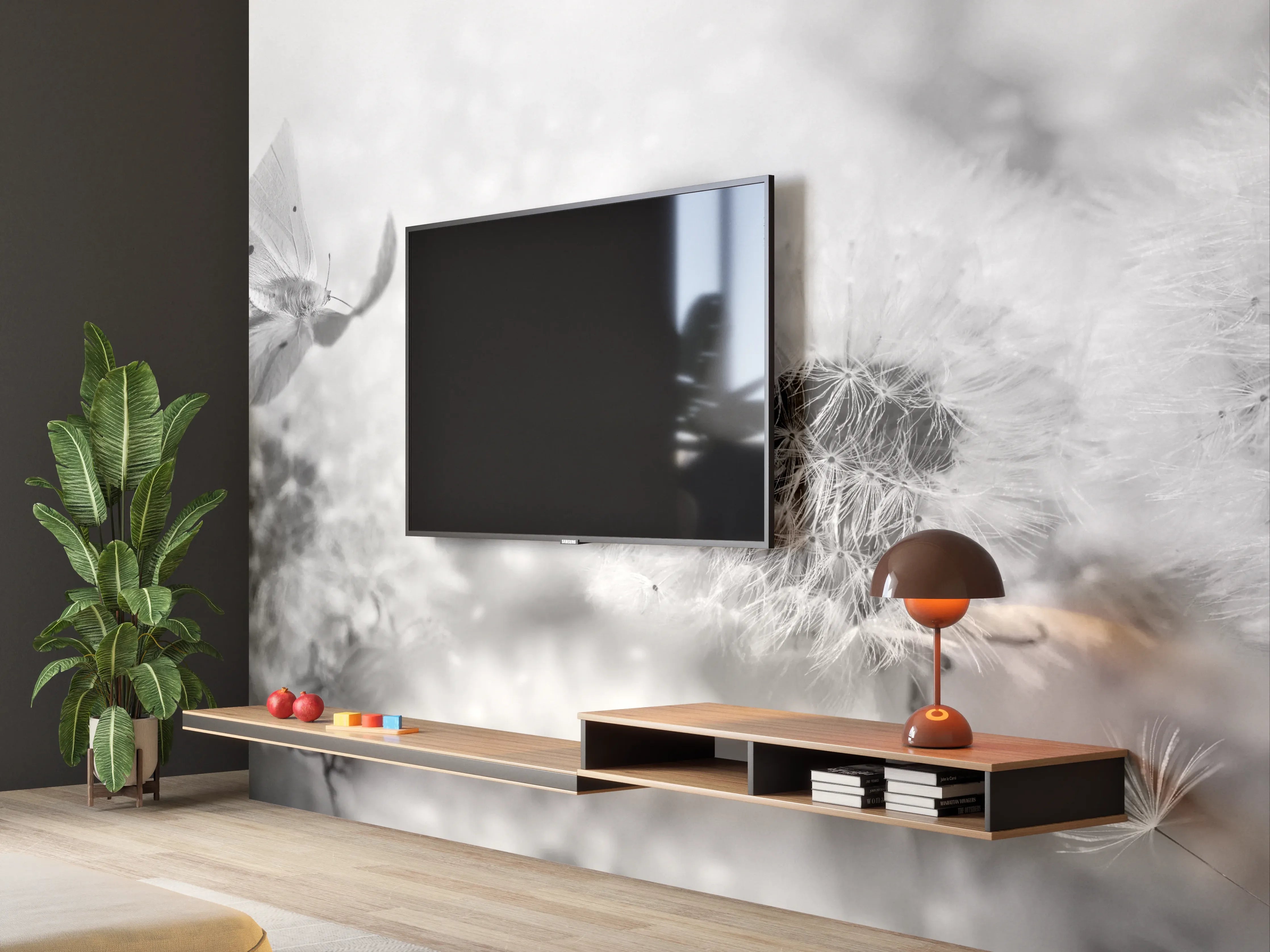 Wandverkleidung Wohnzimmer - Weiße Pusteblumen mit Schmetterling