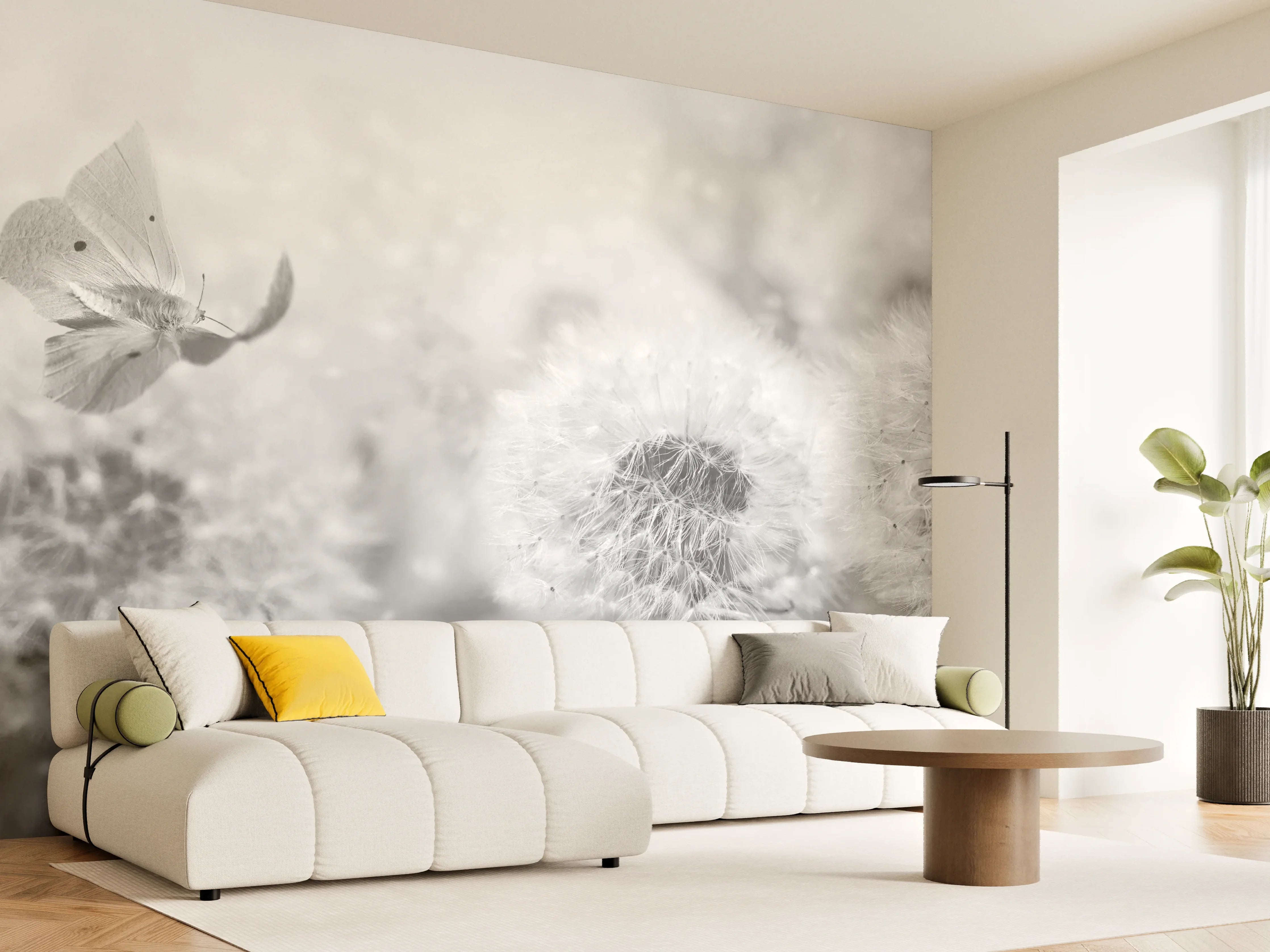 Wandverkleidung Wohnzimmer - Weiße Pusteblumen mit Schmetterling