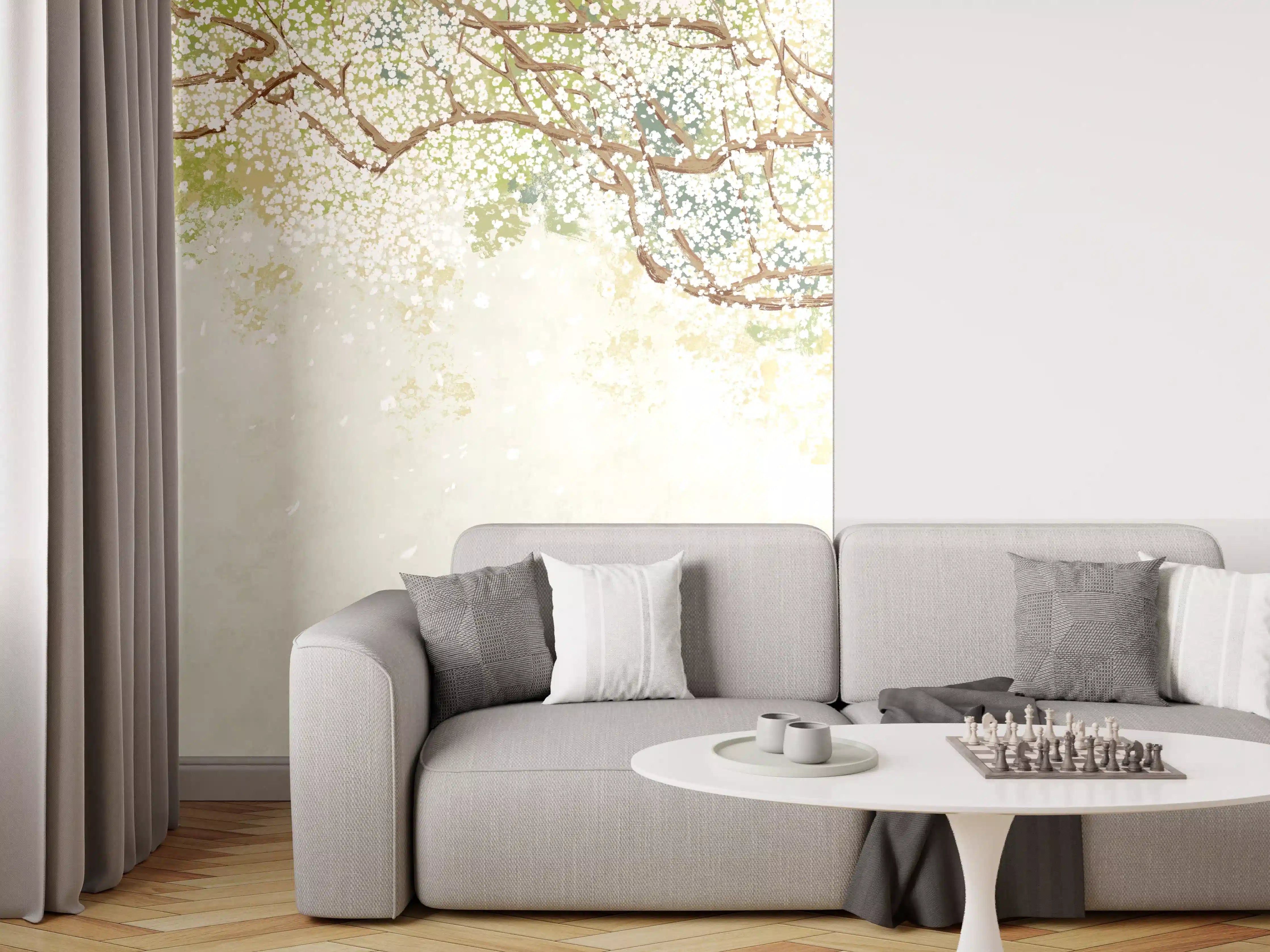 Wandverkleidung Wohnzimmer - Weiße Sakura Blätter - Vintage