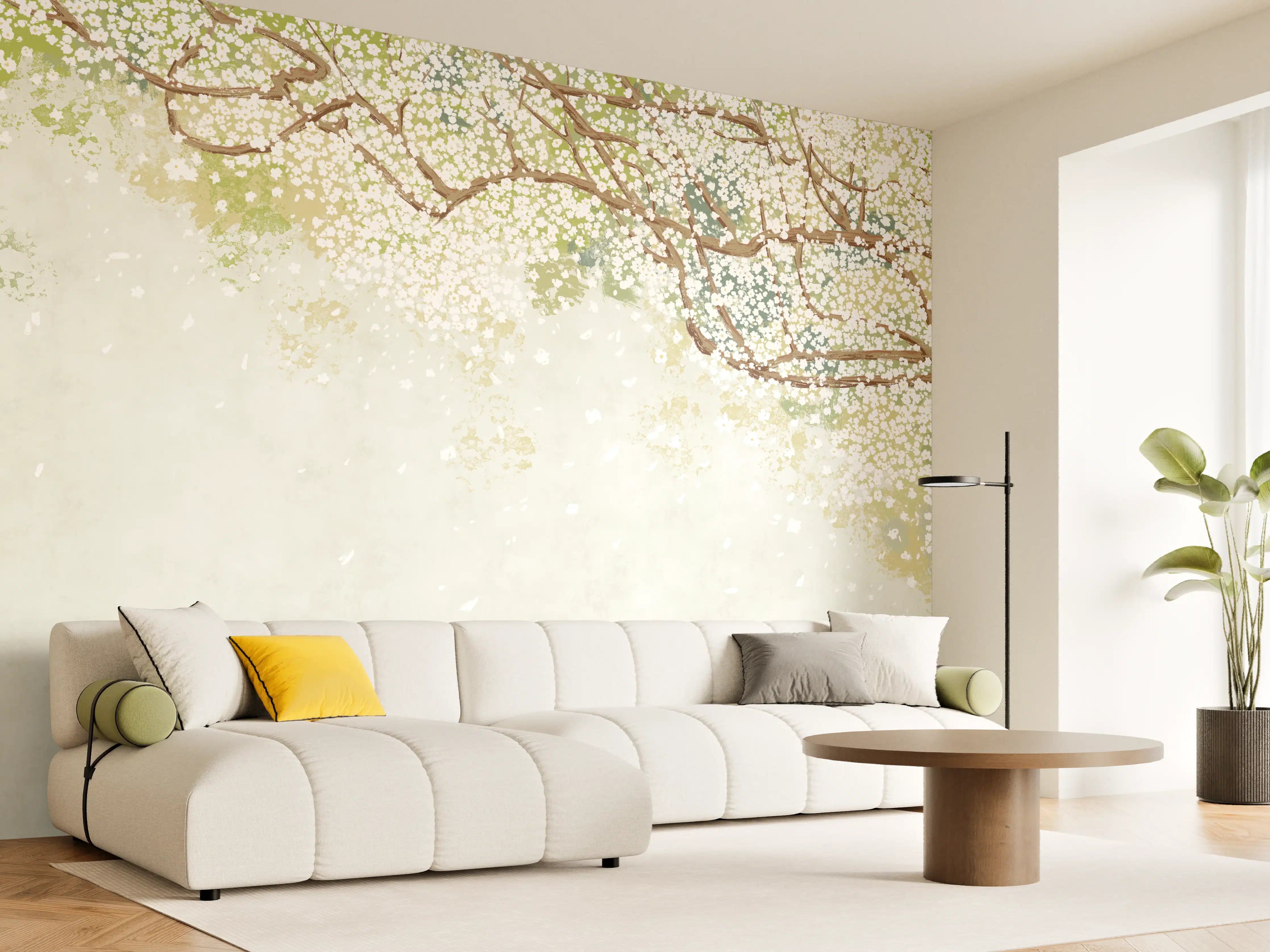 Wandverkleidung Wohnzimmer - Weiße Sakura Blätter - Vintage