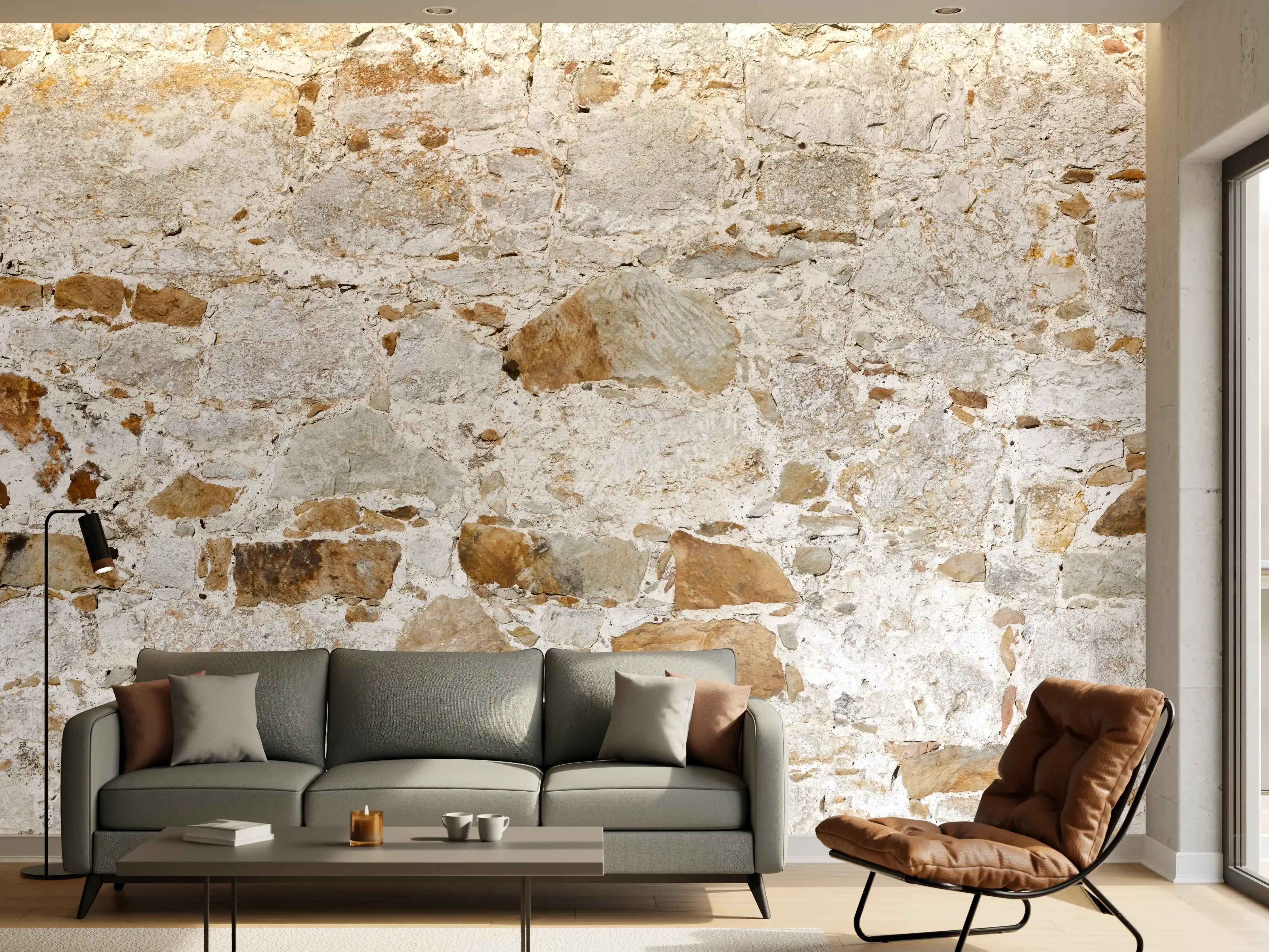 Wandverkleidung Wohnzimmer - Weiße Steinmauer mit grauer Textur