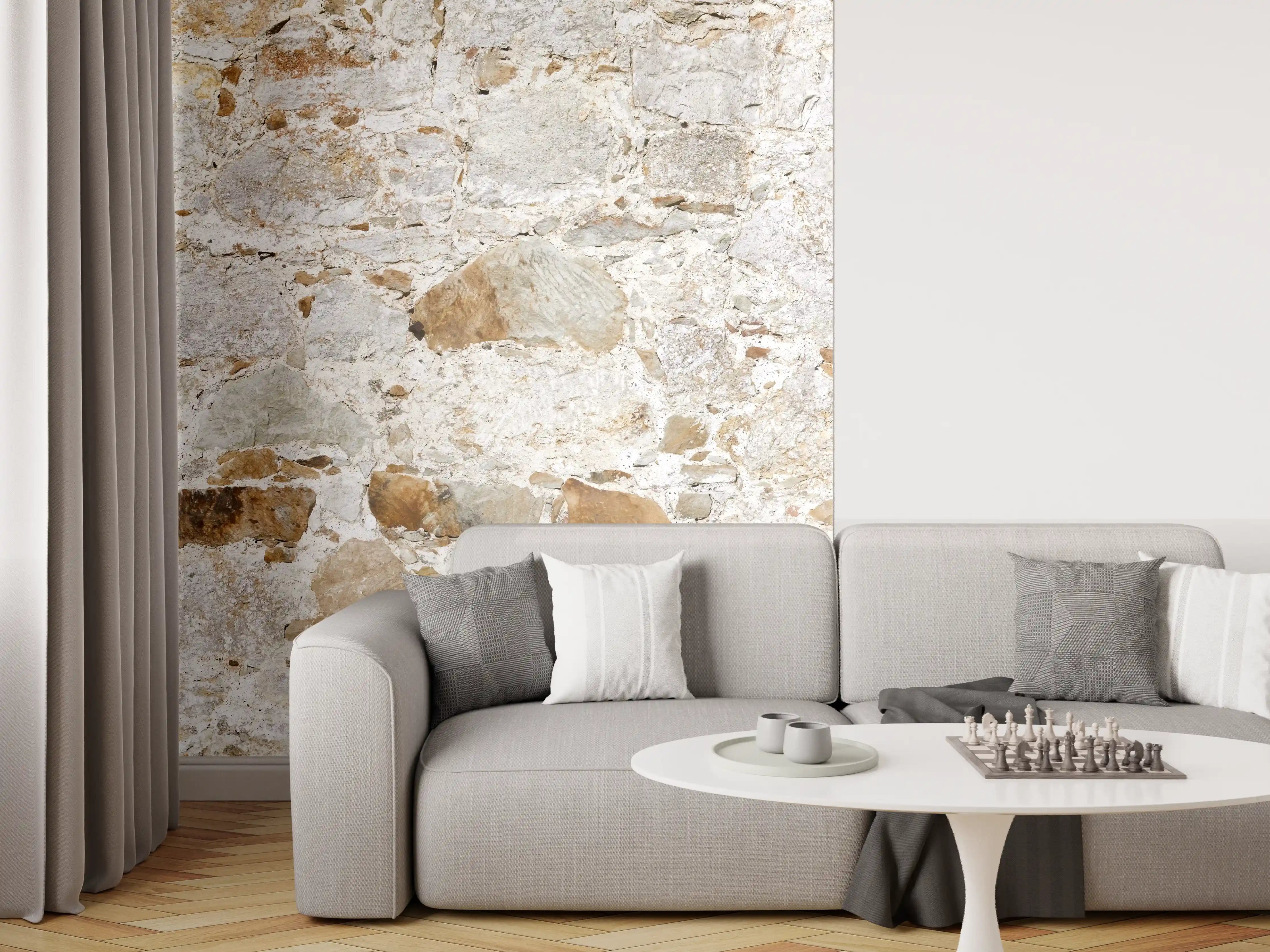 Wandverkleidung Wohnzimmer - Weiße Steinmauer mit grauer Textur