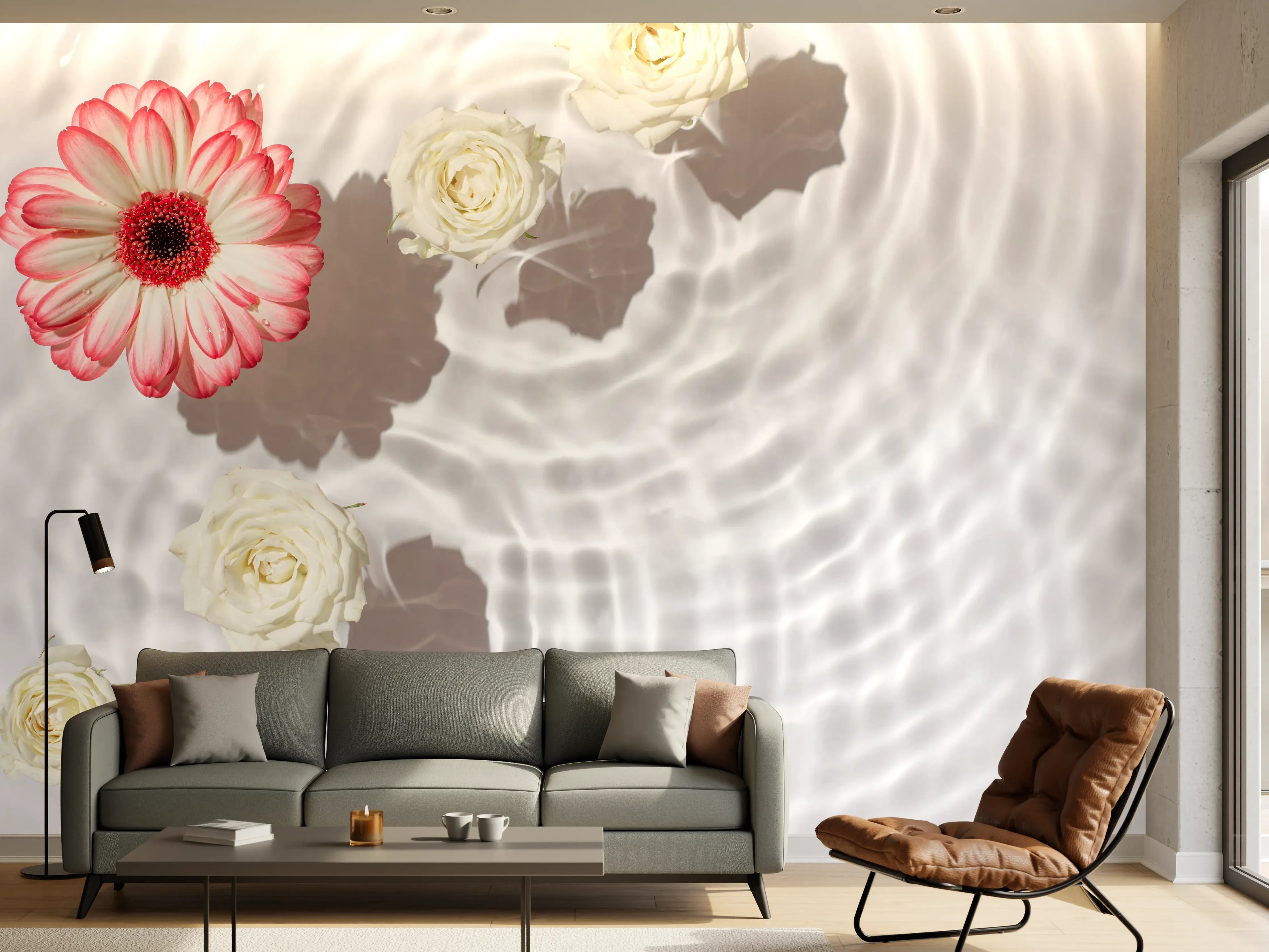 Wandverkleidung Wohnzimmer - Weiße Wasserblumen mit Rosa-Akzent