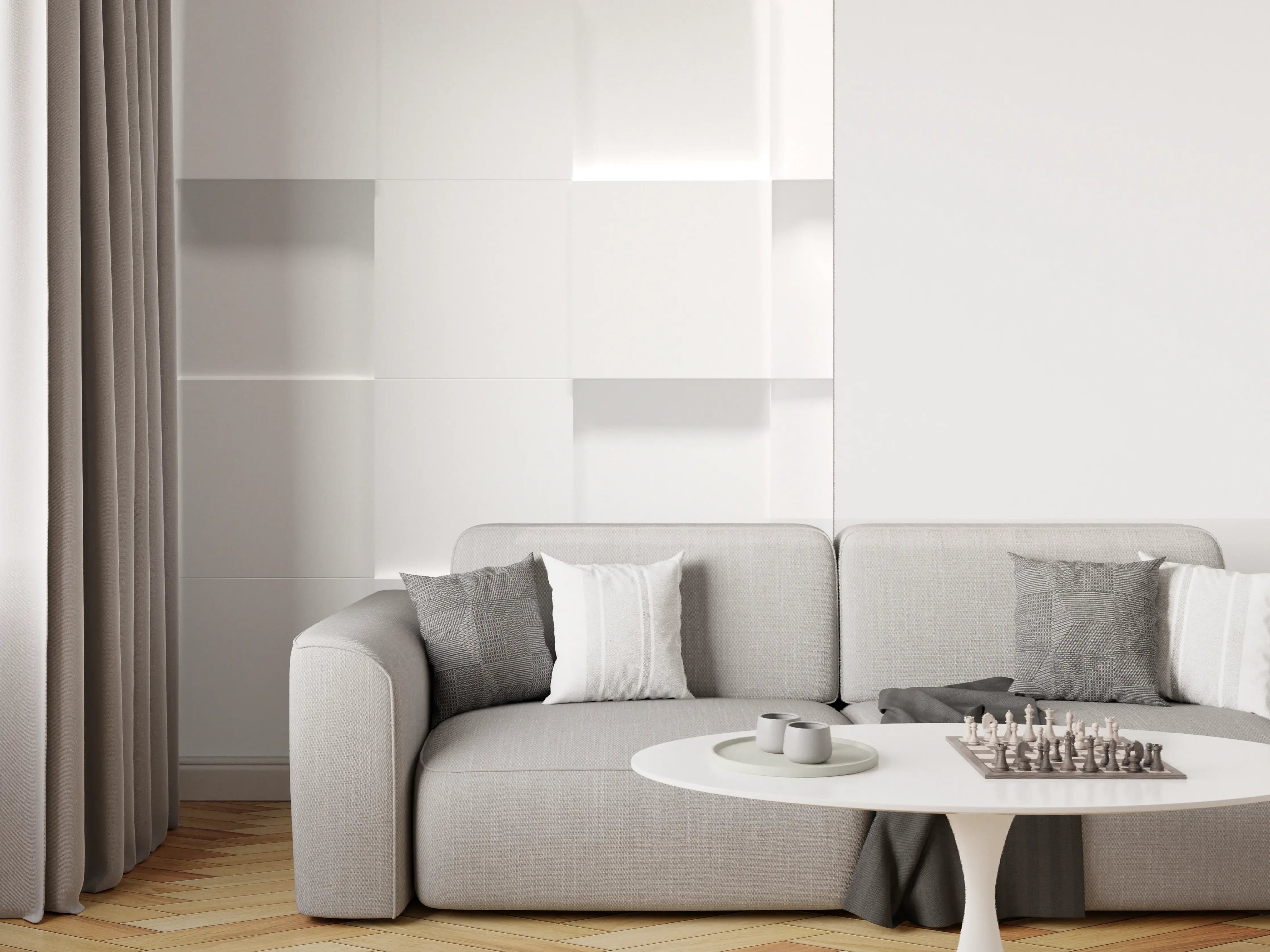 Wandverkleidung Wohnzimmer - Weiße Würfelstruktur 3D-Illustration