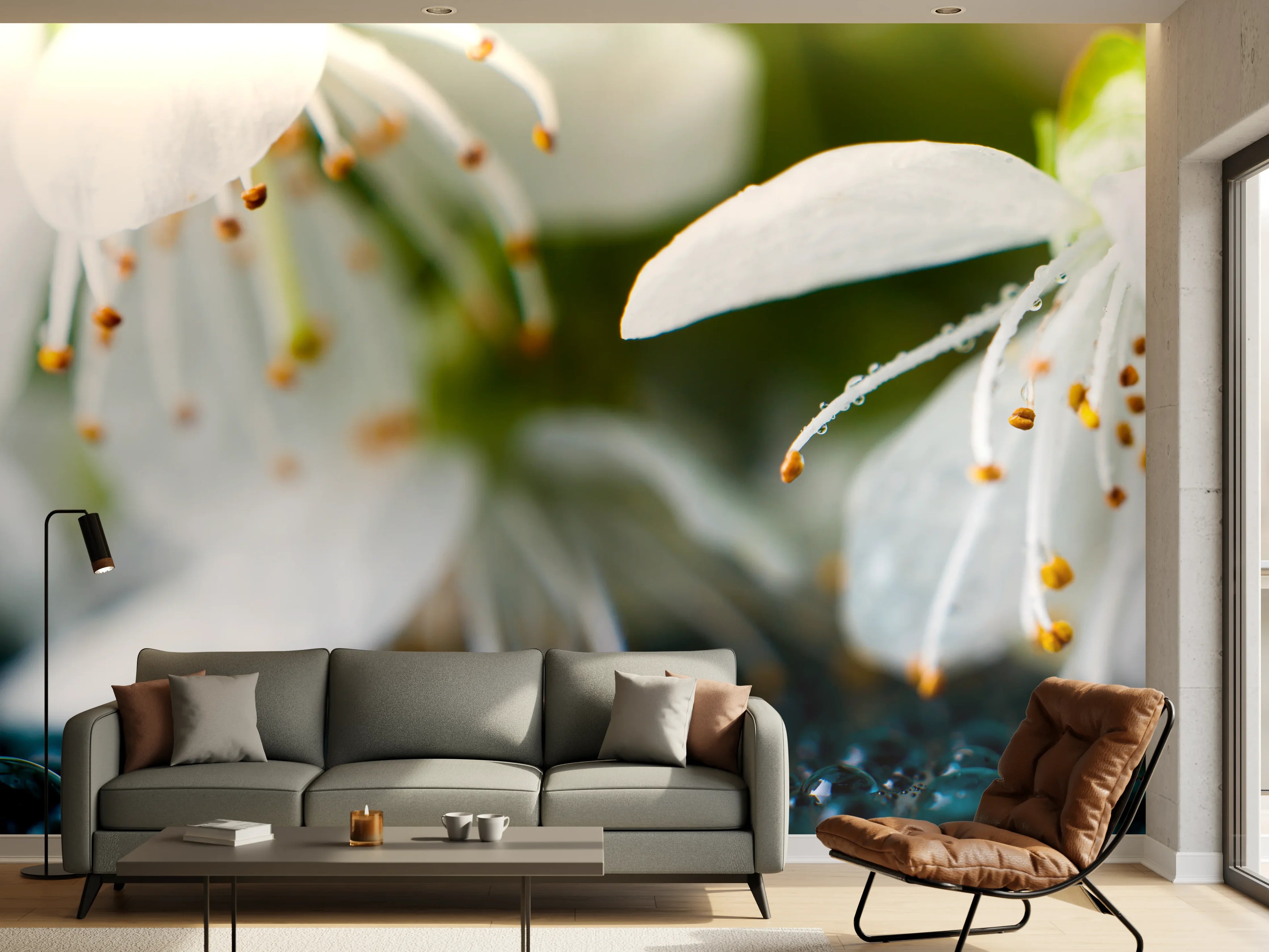 Wandverkleidung Wohnzimmer - Weiße blühende Frühlingsblumen