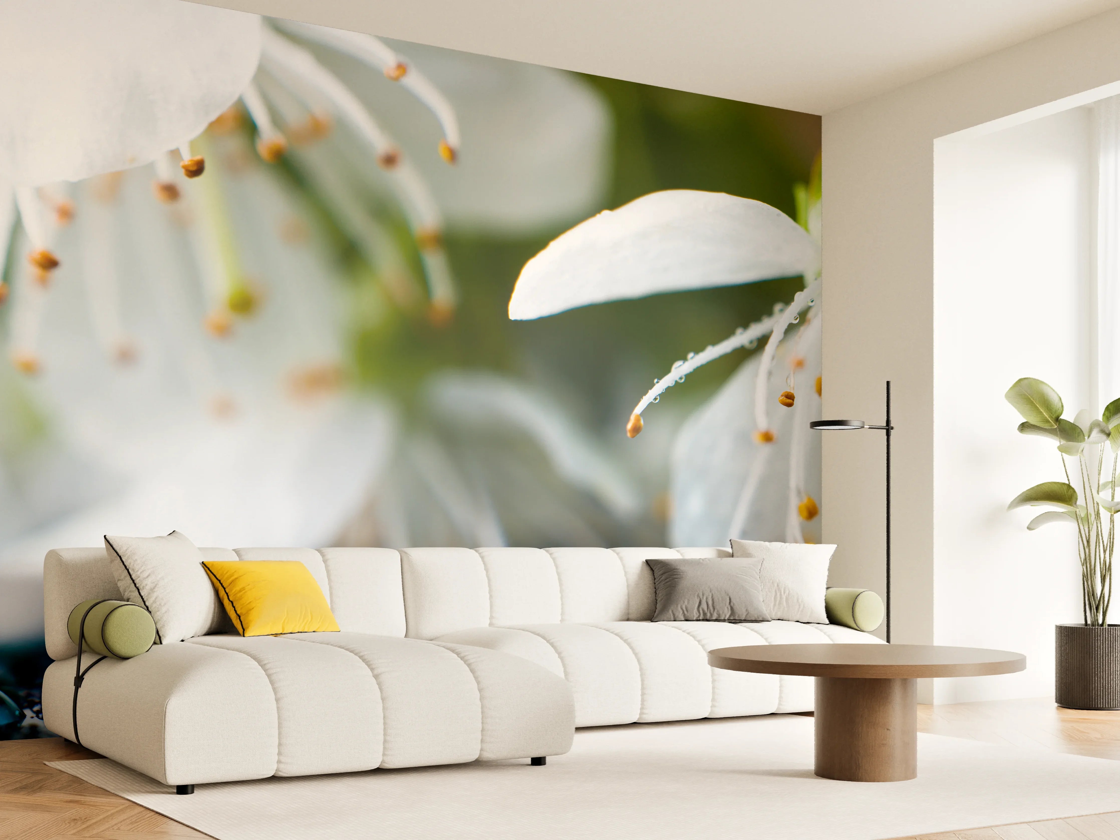Wandverkleidung Wohnzimmer - Weiße blühende Frühlingsblumen