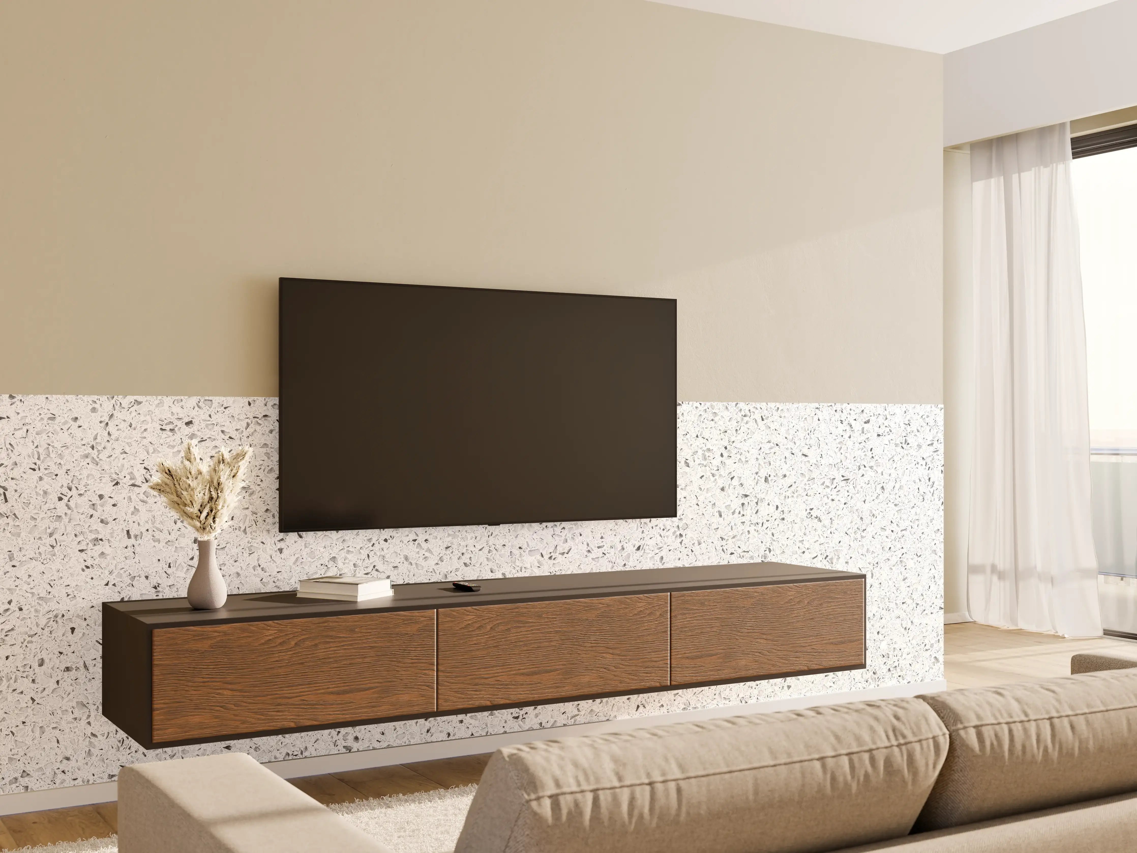 Wandverkleidung Wohnzimmer - Weiße gepunktete Quarzoberfläche