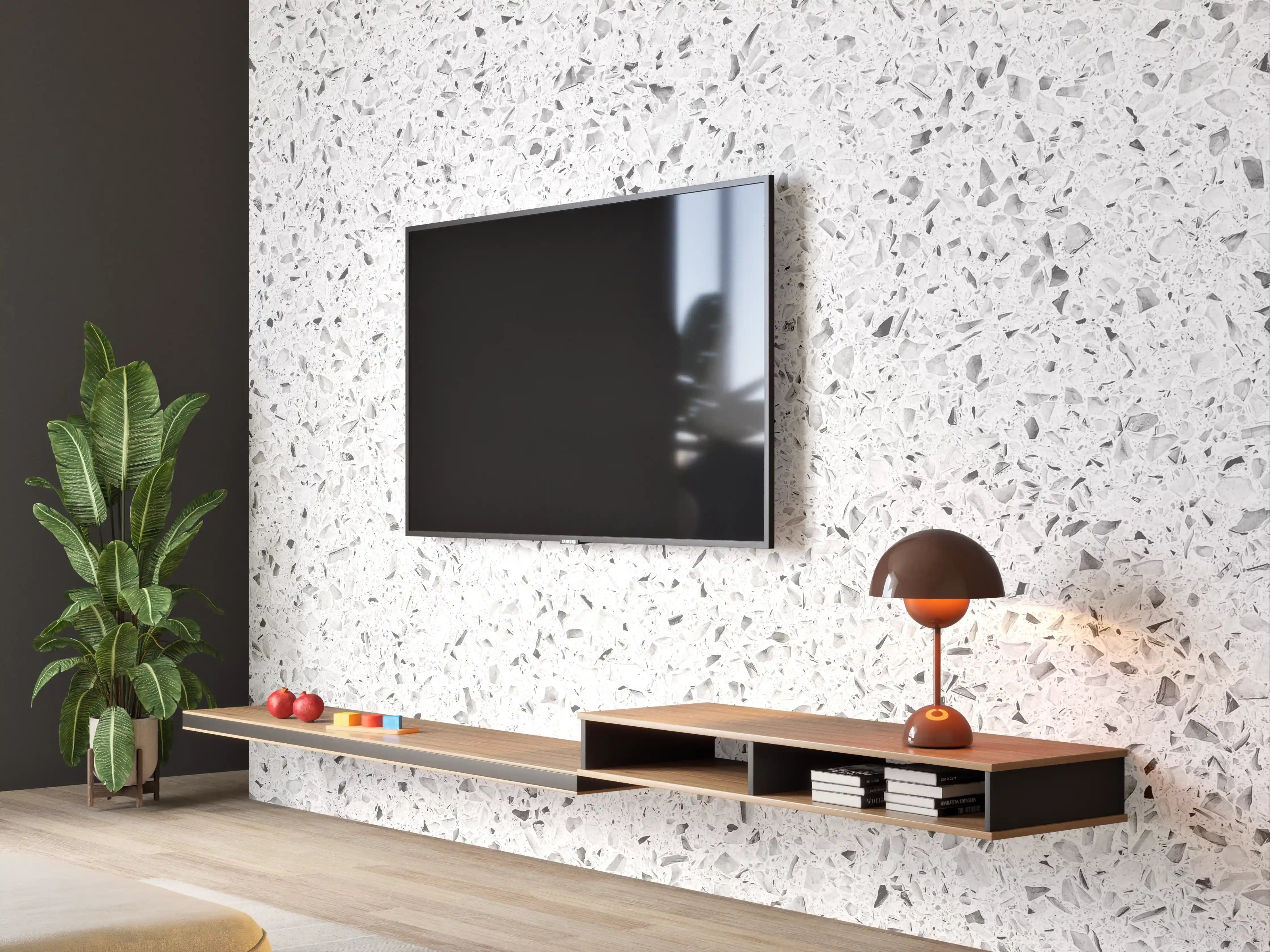 Wandverkleidung Wohnzimmer - Weiße gepunktete Quarzoberfläche