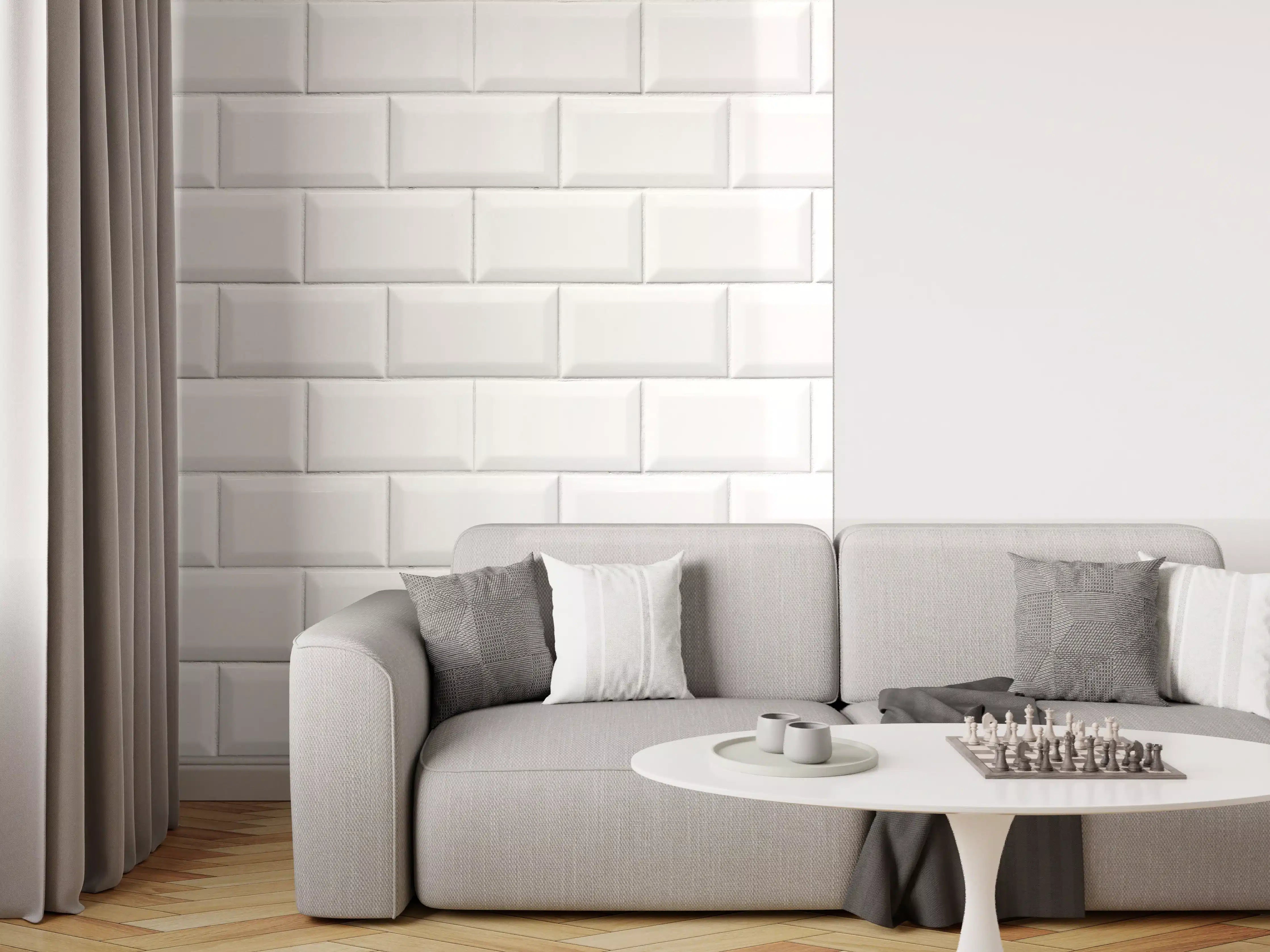 Wandverkleidung Wohnzimmer - Weiße helle Ziegelfliesen
