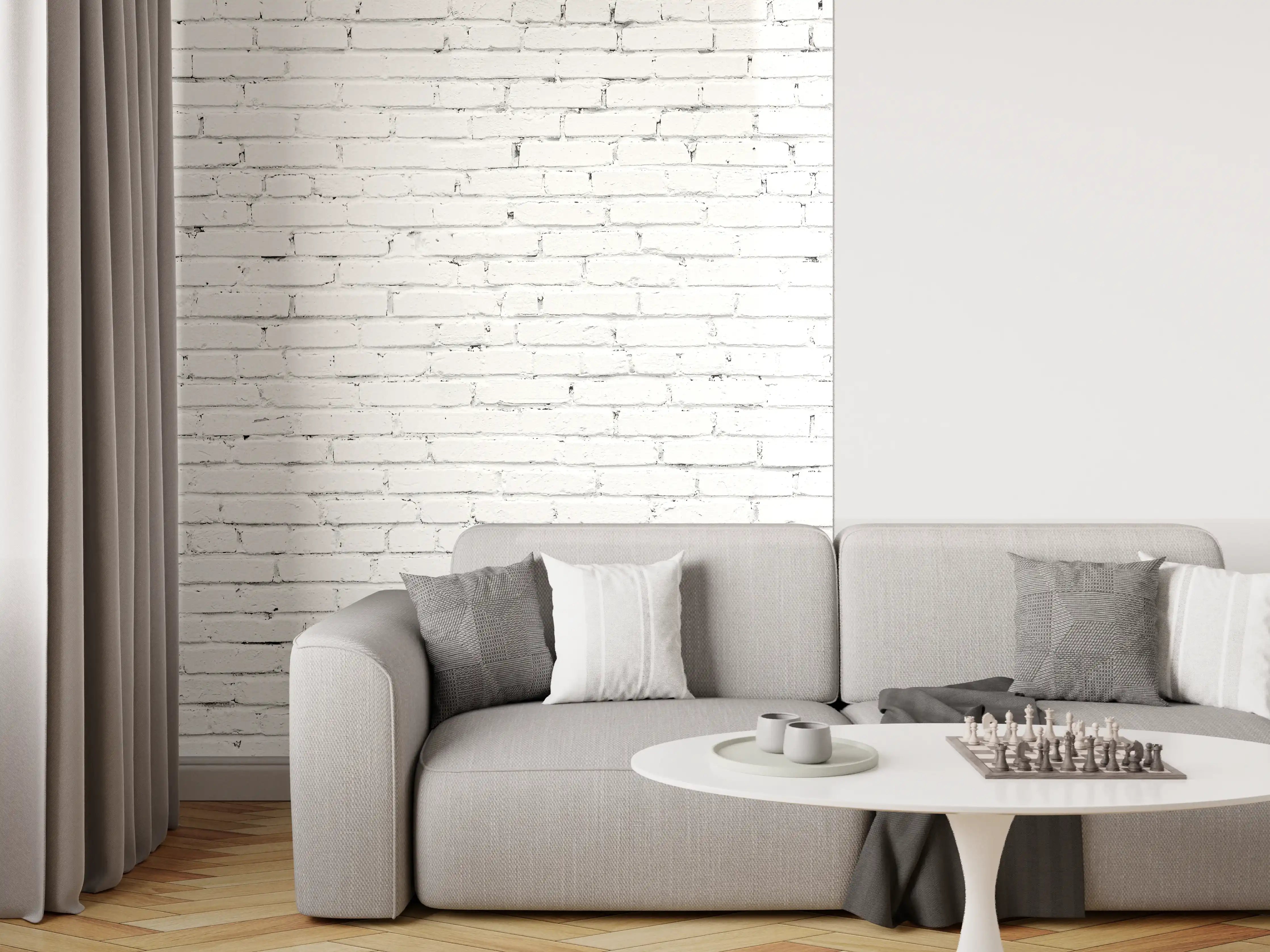 Wandverkleidung Wohnzimmer - Weiße lange Backsteinfassade